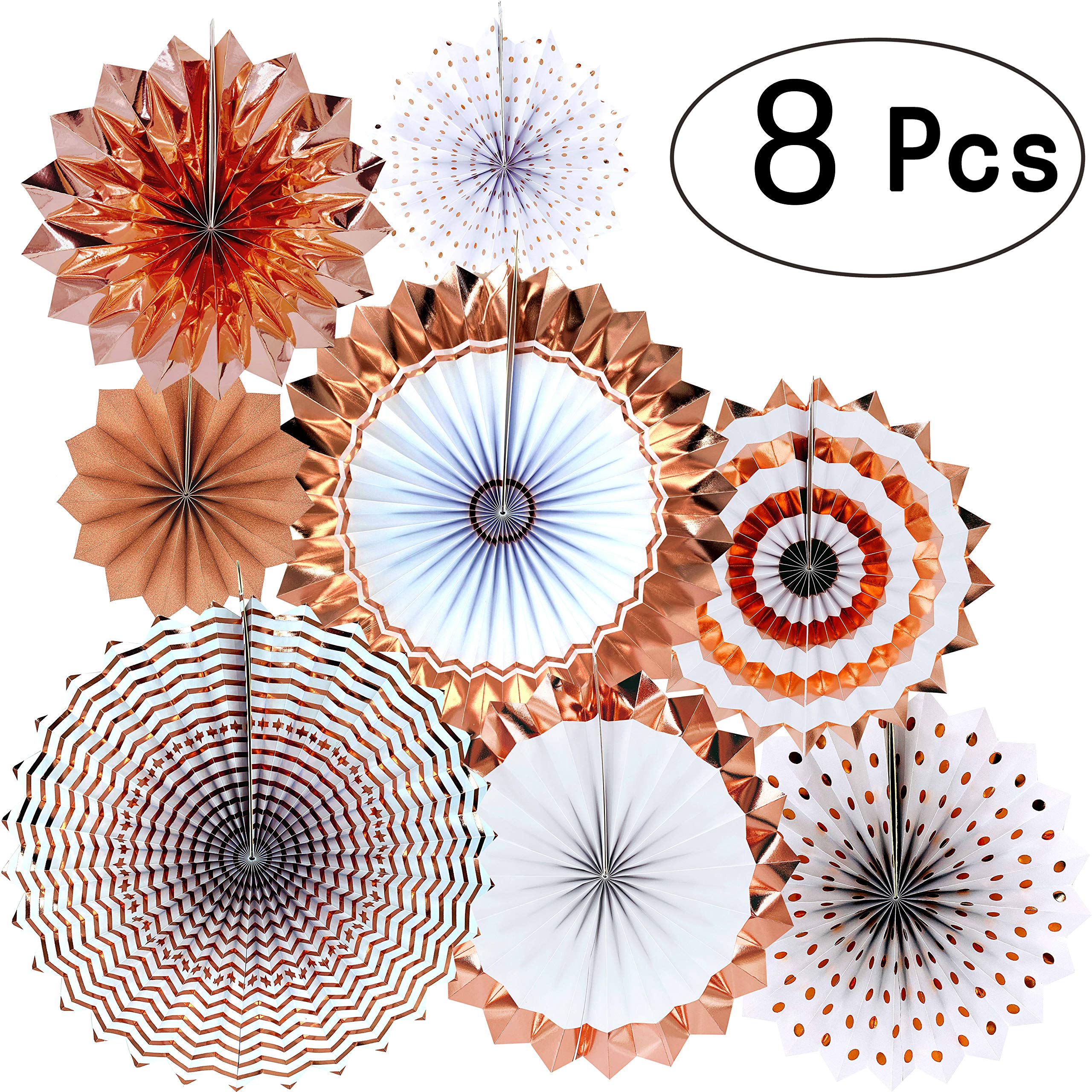 Rose Gold Paper Fans Decor - 8pc Set for Bachelorette Party, Wedding, Baby Shower, Birthday, Mother's Day & Photo Booth Backdrop - Elegant Ceiling & Wall Hanging Decorations for Special Events & Celebrations