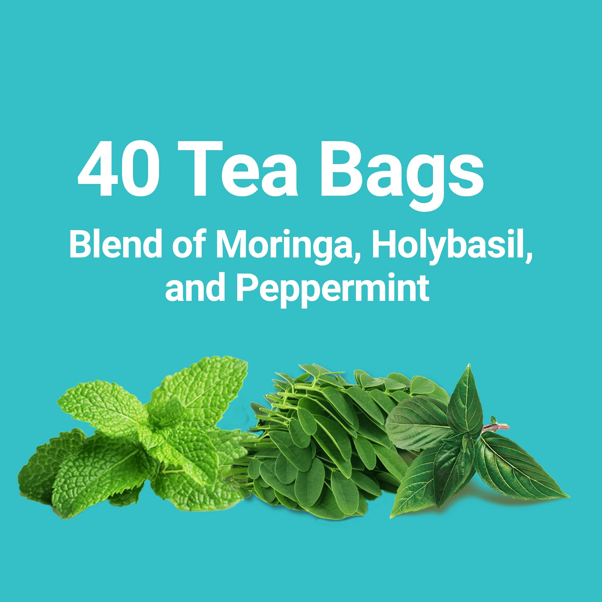 Organic Moringa Tea Bags - 40 Count | Caffeine-Free Herbal Tea Blend with Dried Moringa Leaves, Peppermint & Holy Basil | Natural Immune Support | Perfect for Relaxation, Detox & Wellness Routine