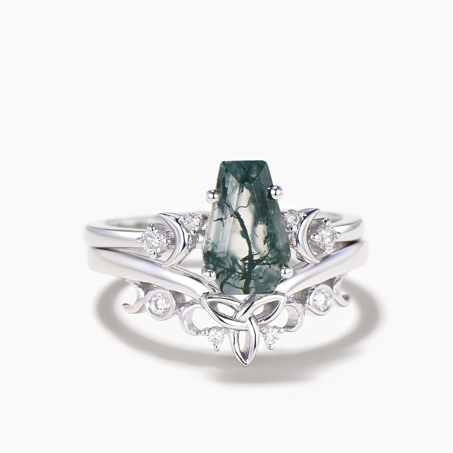 Natural Moss Agate Moon Engagement Ring with Diamond Accents - Celtic Knot Bridal Wedding Set for Women - Perfect for Handfasting Ceremonies, Boho Chic & Nature-Inspired Proposals