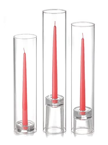 Yummi Set of 12 Coral Taper Candles with Chimney & Holders - Elegant Dinner Party & Romantic Home Decor Candles