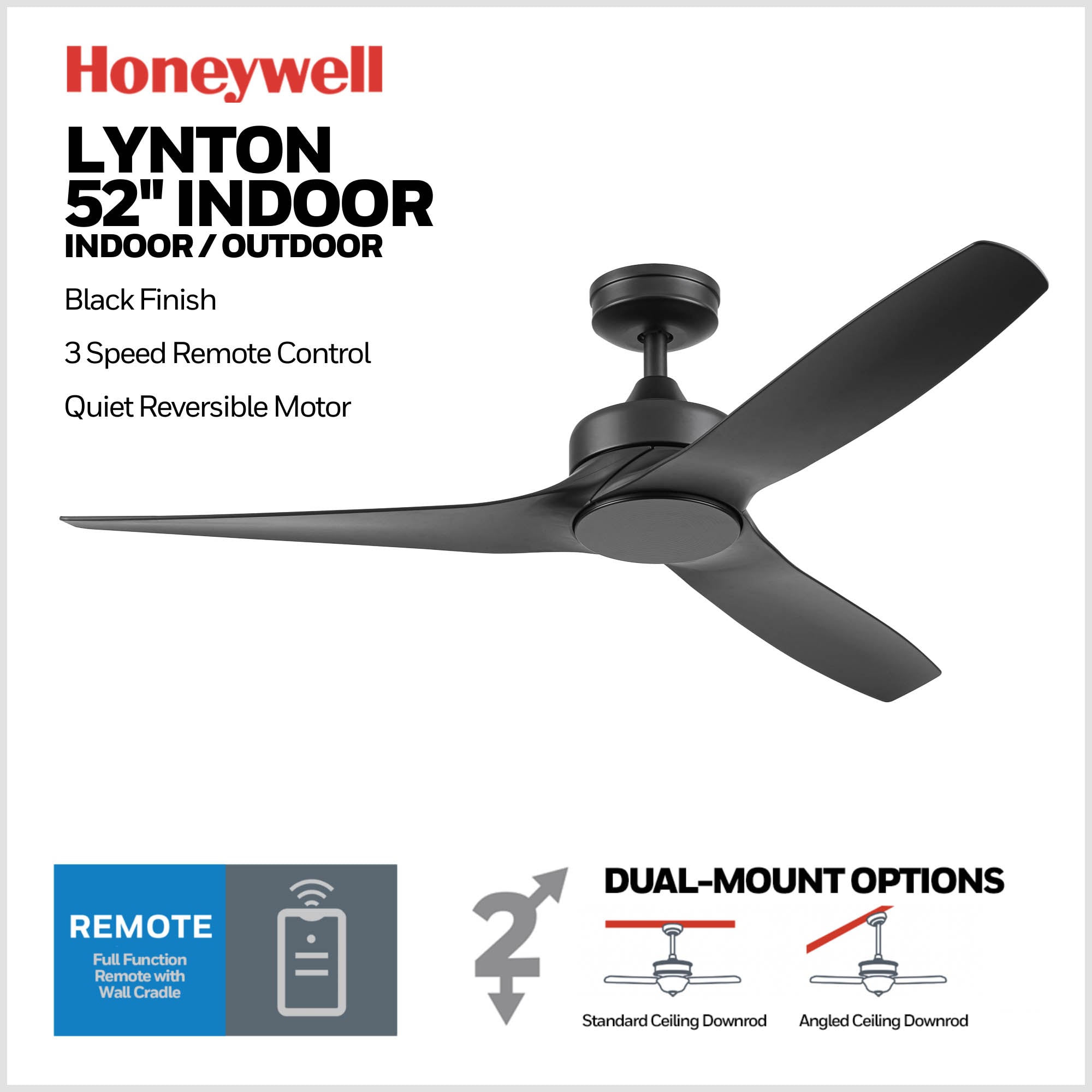 52 Inch Honeywell Lynton Matte Black Ceiling Fan - No Light, Remote Control Included - Perfect for Living Room, Bedroom & Outdoor Patio Cooling