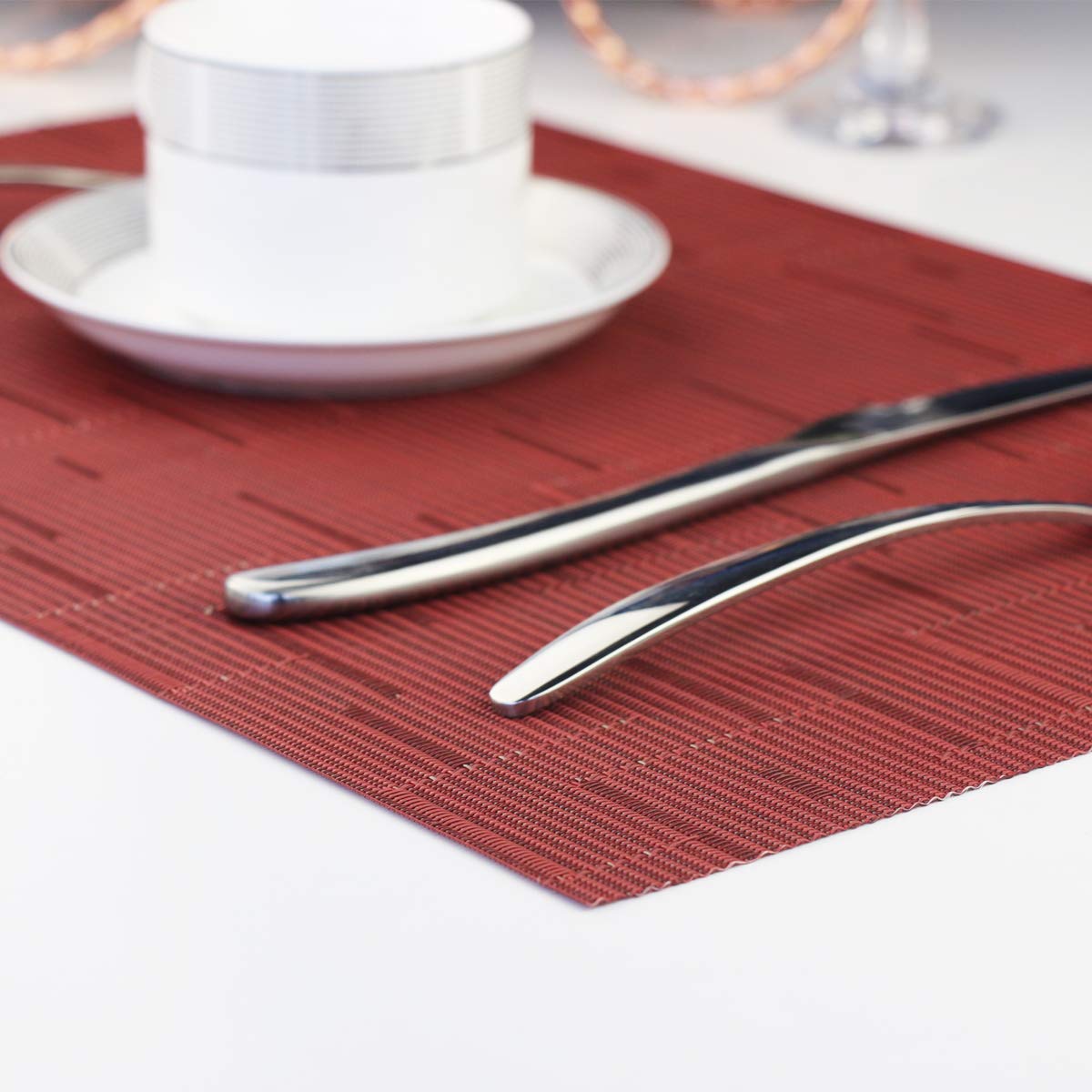 PIGCHCY Washable & Durable Vinyl Placemats Set of 6 - 18x12 Inch Heat-Resistant Table Mats for Dining Room, Kitchen, Office (Burgundy Red) - Perfect for Everyday Meals, Dinner Parties & Home Decor