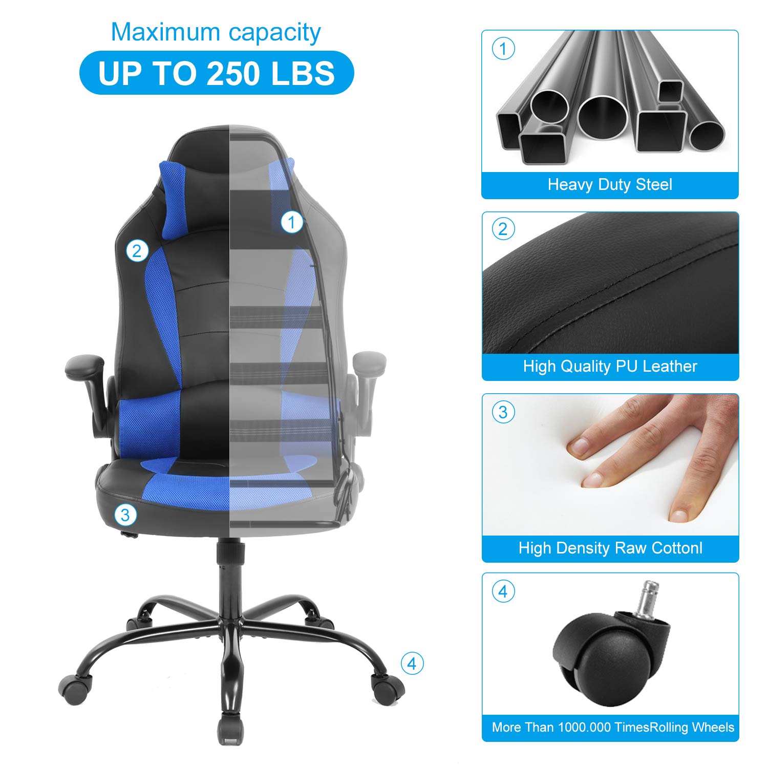 Ergonomic Gaming Chair - Adjustable Office Desk Chair with Lumbar Support & Headrest - Modern Executive Leather Computer Chair - Swivel Rolling Task Chair for Home Office (Blue) - Perfect for Long Gaming Sessions & Remote Work