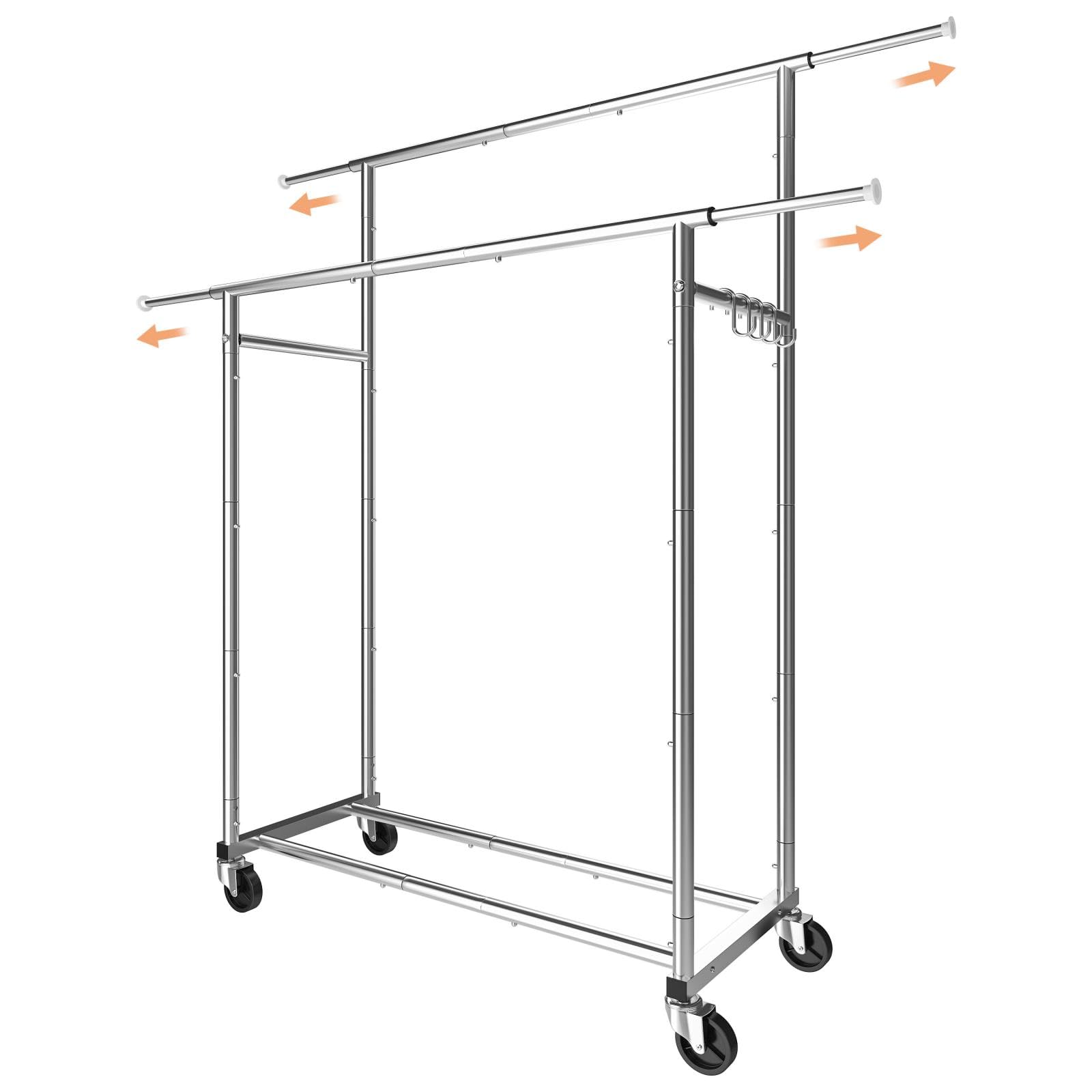 Double Rod Rolling Garment Rack with Wheels & 4 Hooks - Chrome Clothes Organizer for Bedroom, Closet, Laundry Room or Retail Store Display