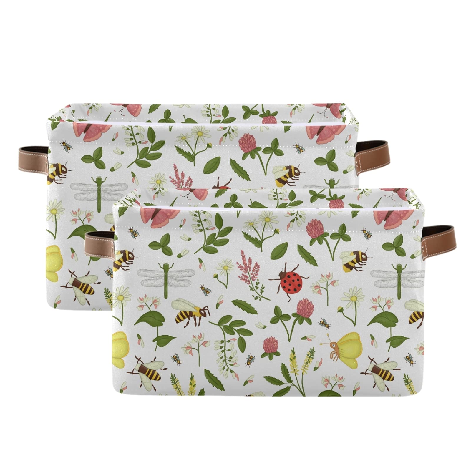 Wild Flowers Ladybug Storage Basket Bin - Large Collapsible Canvas Cube Storage Box Organizer for Home, Office, Closet (2 Pack, 15