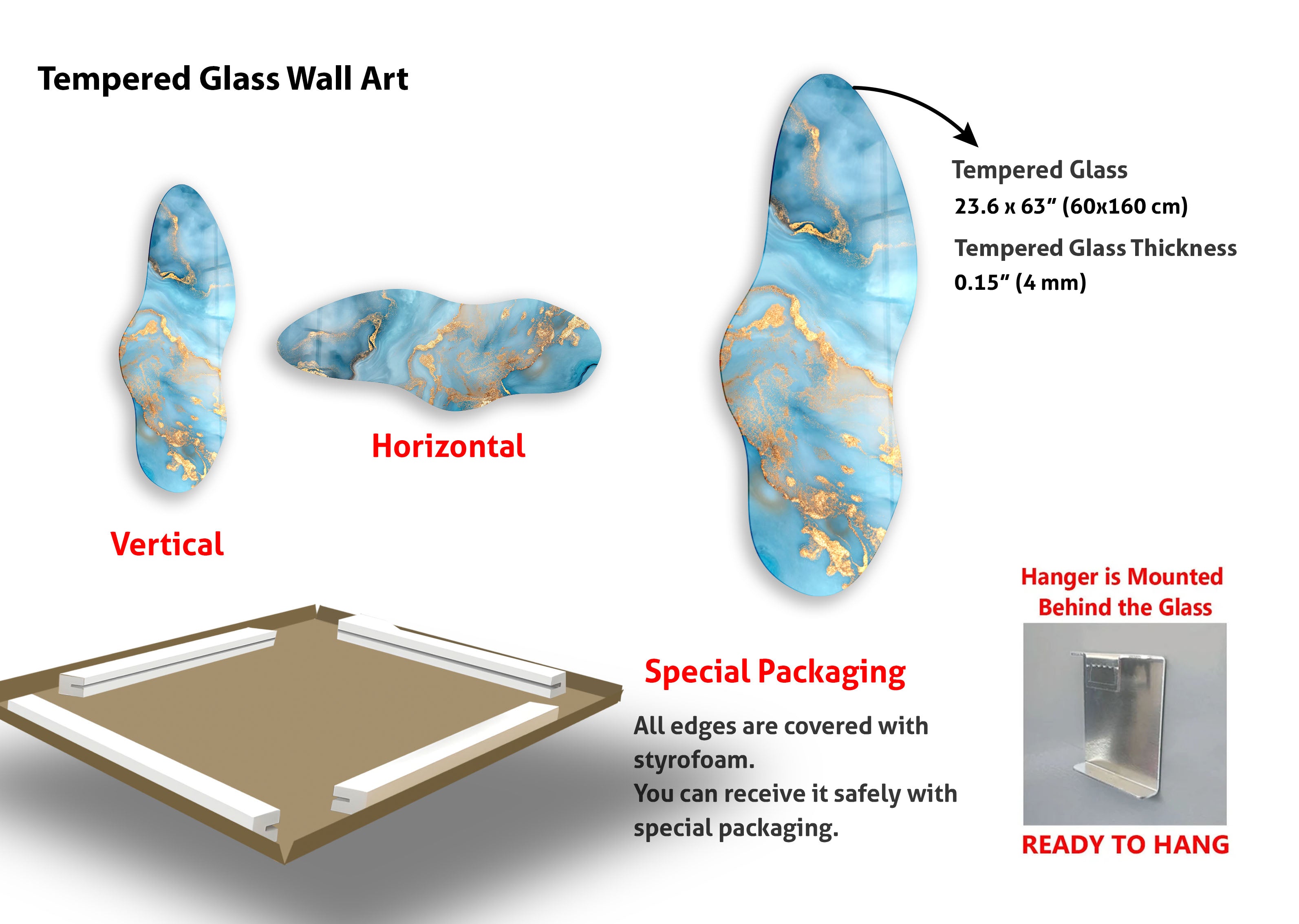 Blue Marbled Asymmetrical Glass Wall Art - Handcrafted Modern Home Decor for Living Room, Bedroom & Office - Unique Abstract Hanging Art Piece for Contemporary Interior Design