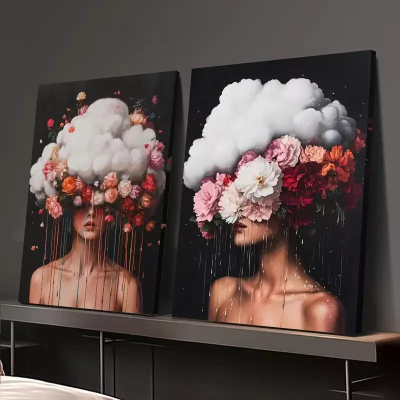 2-Piece Surreal Floral Woman & Vibrant Pink Red Flowers Framed Canvas Wall Art - 50x75cm High Quality Print | 100% Australian Made | Ready to Hang | Perfect for Living Room, Bedroom & Office Decor