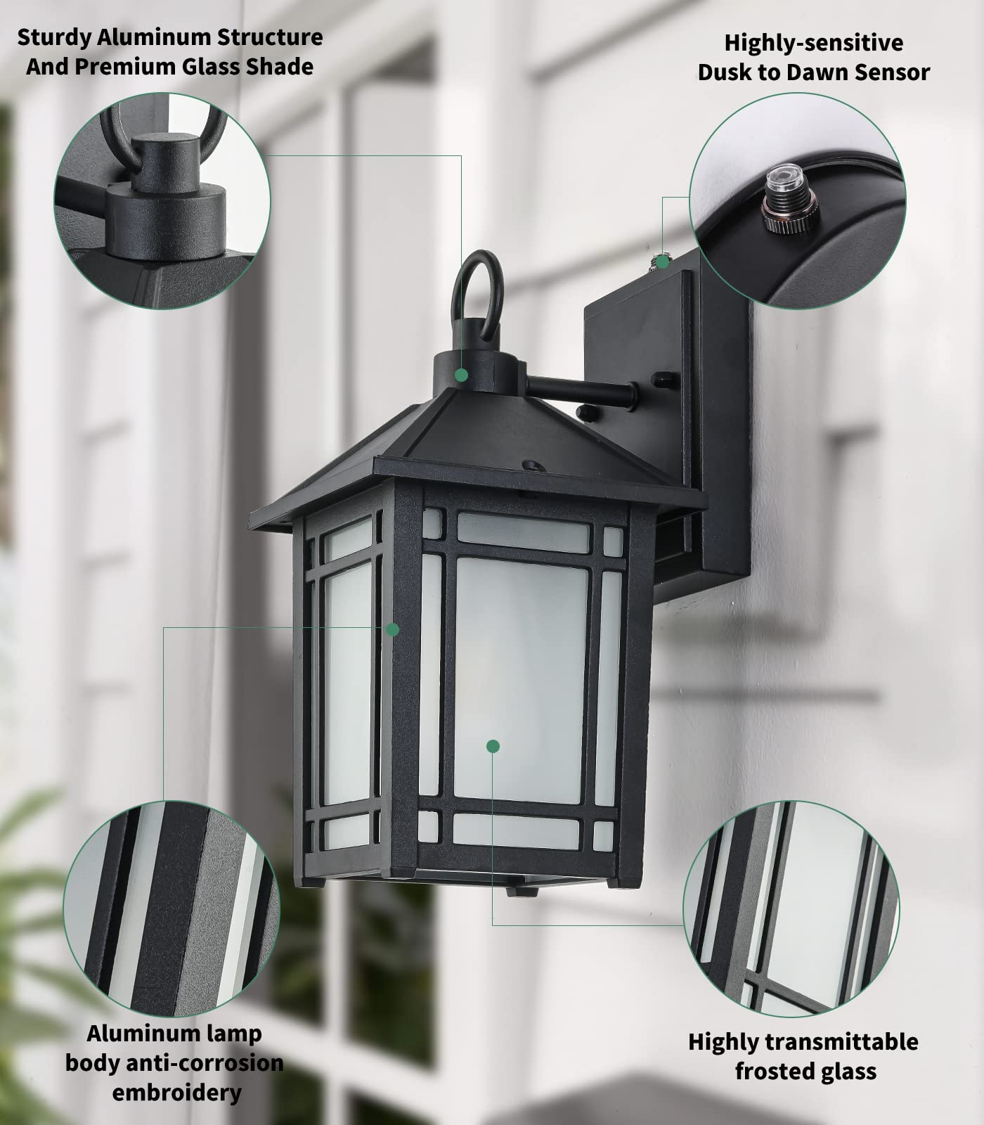 Dusk to Dawn Outdoor Porch Lights - 2 Pack Classic Wall Mounted Exterior Light Fixtures with Tempered Glass & Aluminum - Weatherproof for Garage, Patio, Garden & Front Door Entryway Lighting