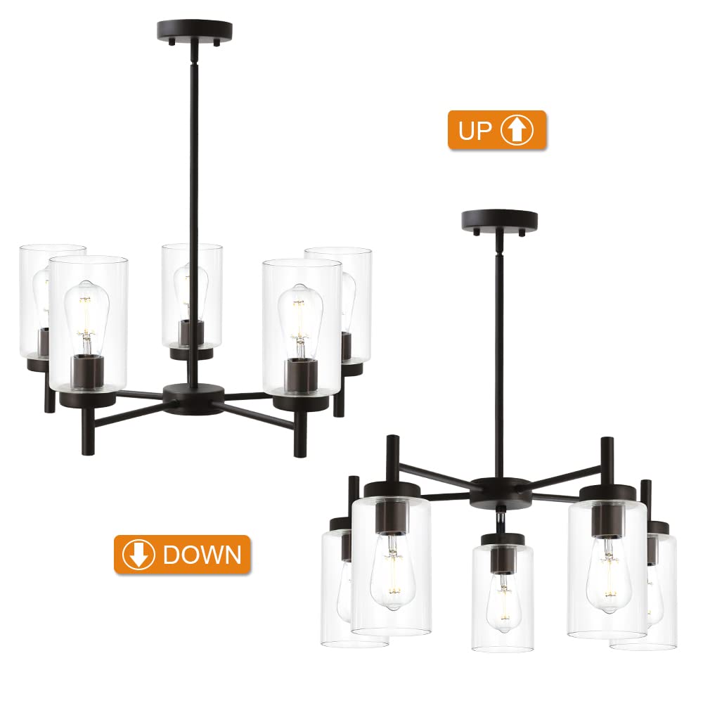 VINLUZ Modern 5-Light Large Chandelier in Oil Rubbed Bronze with Clear Glass Shades - Contemporary Hanging Pendant Light Fixture for Dining Room, Living Room, Kitchen | Perfect for Home Decor, Wedding Venues & Restaurant Lighting