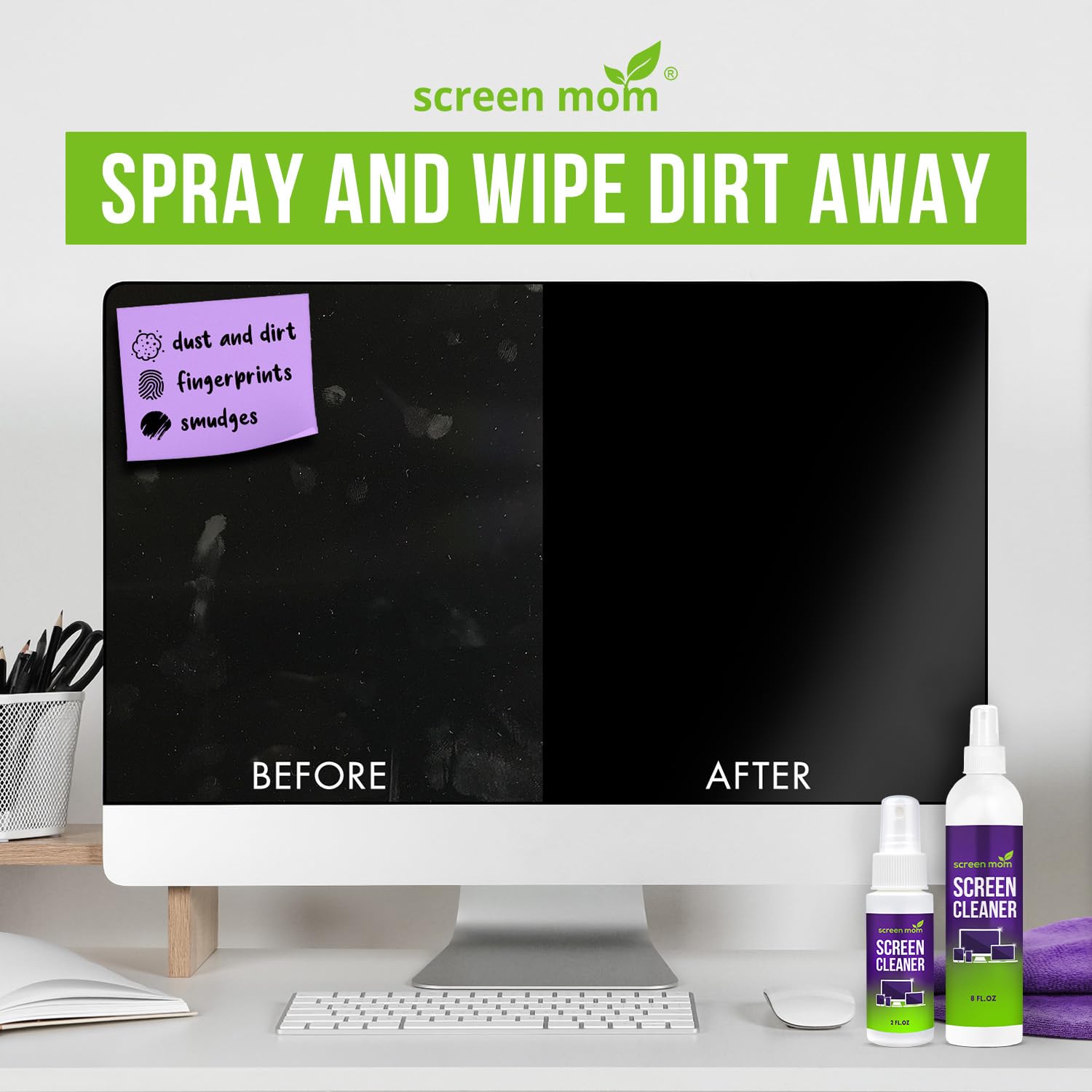 Screen Mom Screen Cleaner Spray Kit - 8oz & 2oz with 4 Microfiber Cloths | Safe for Eyeglasses, Monitors, Electronics & Car Screens | Streak-Free Cleaning for Phones, Laptops, TVs & More