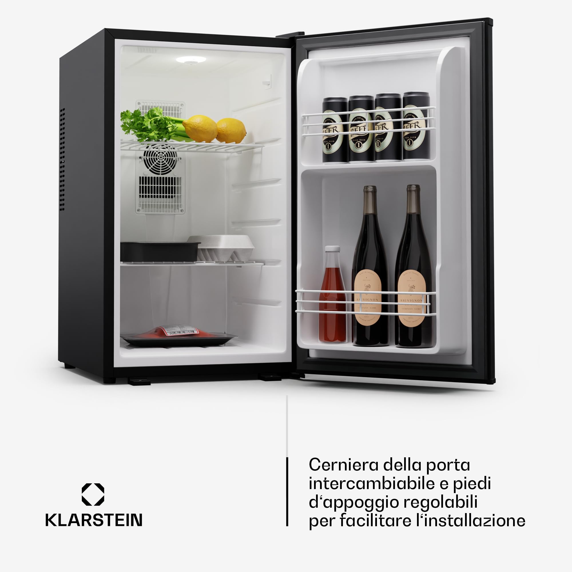 Klarstein 68L Mini Fridge with Glass Door - Compact & Quiet Beverage Cooler for Drinks & Snacks, Adjustable Shelves, Door Lock, Reversible Hinge, Height-Adjustable Feet - Perfect for Home, Office, Dorm, or Bar Use