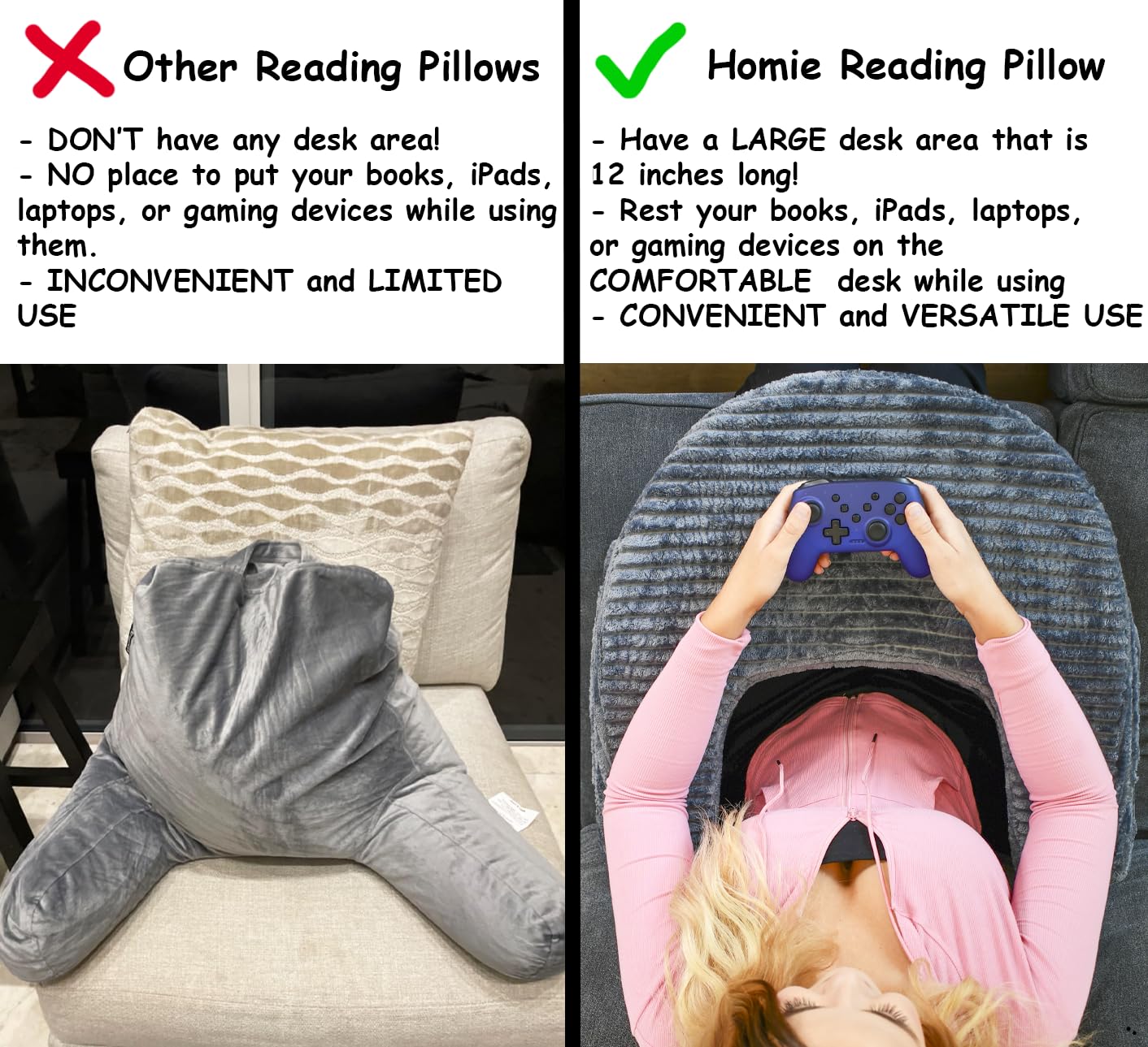 **Homie 3-in-1 Memory Foam Reading & Gaming Pillow with Adjustable Light & Wrist Support - Extra Large Lap Desk for Working, Playing Steam Deck/Switch, or Relaxing in Bed - Perfect for Office, Home, and Travel Use**
