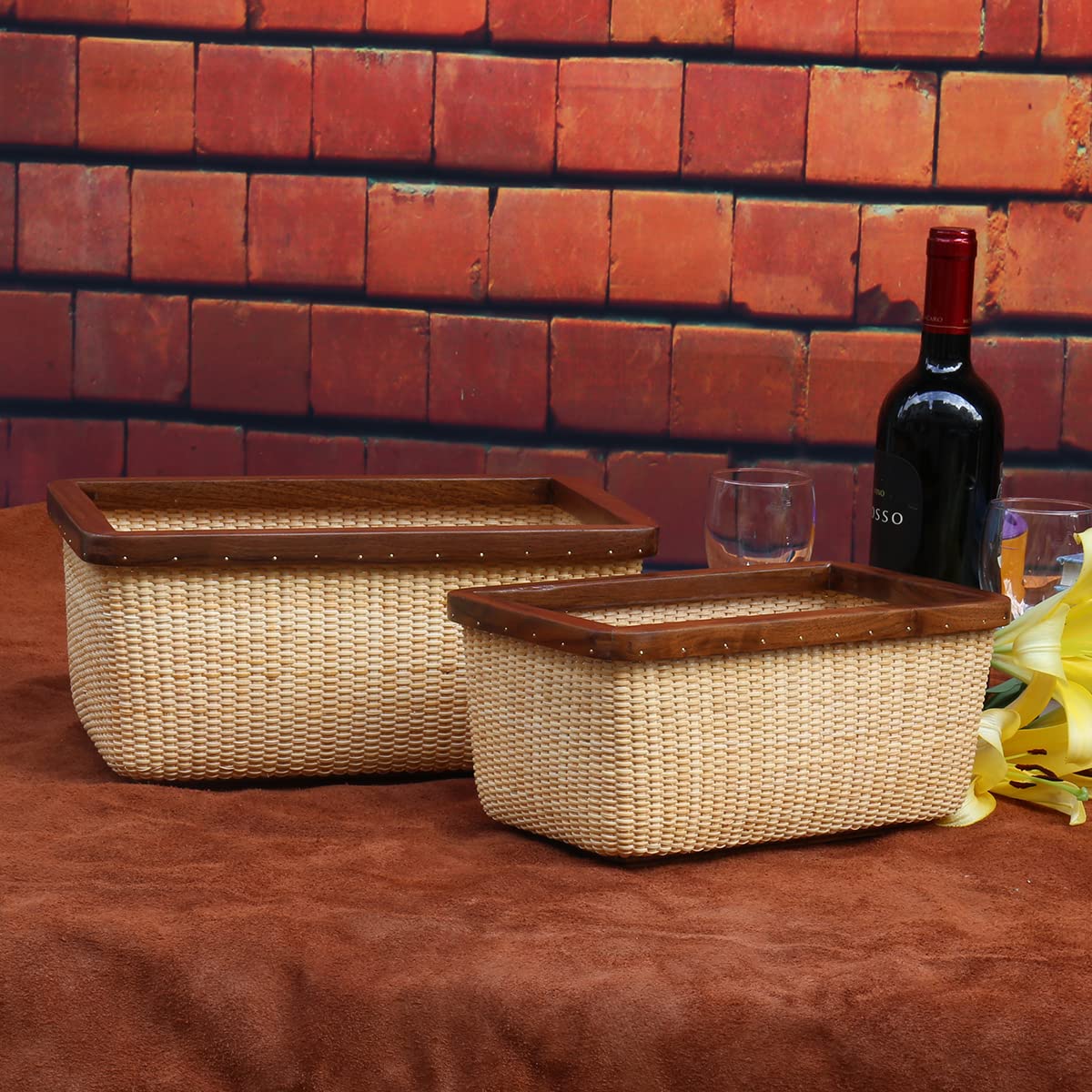 Nantucket Basket - Handwoven Rattan & Solid Wood Storage Basket for Jewelry, Fruits & Home Decor | Modern Square Woven Box for Living Room, Table & Organizing