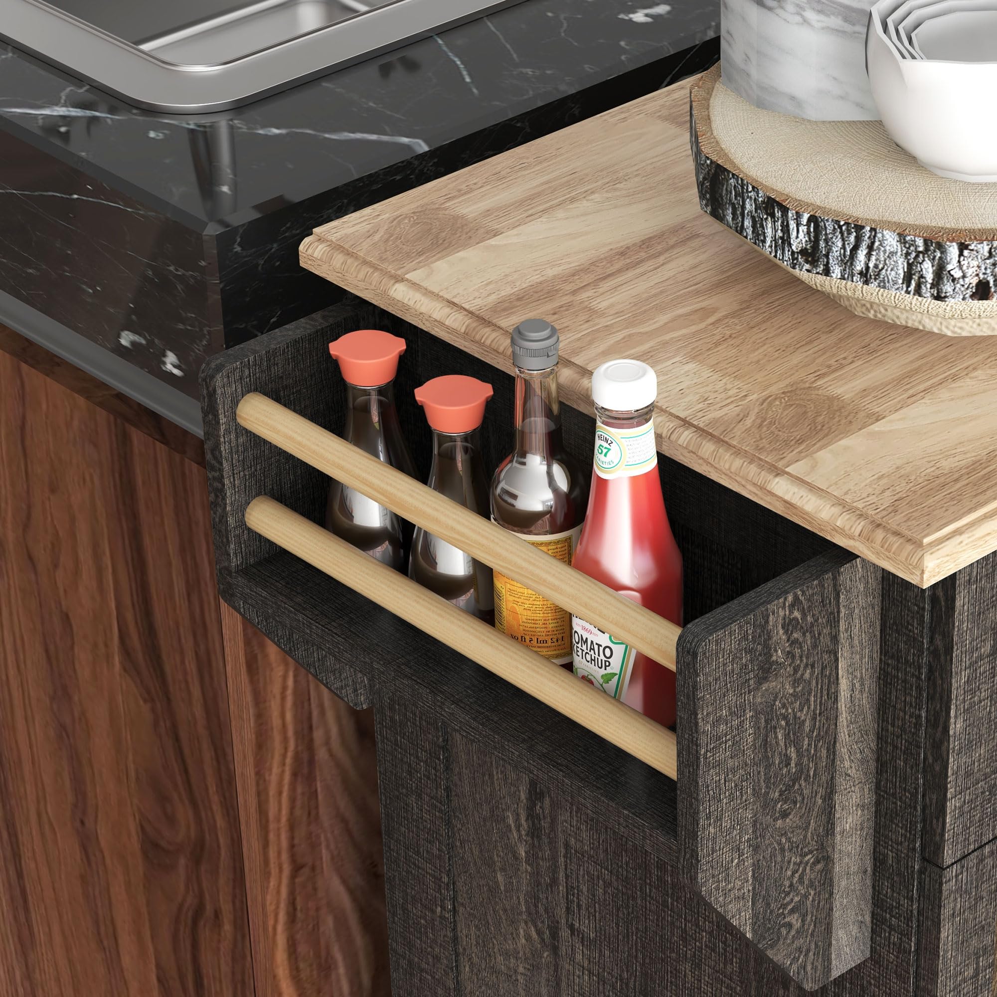 HOMCOM Triple-Cabinet Kitchen Island with Wheels - Rolling Storage Cabinet with Drawers, Wood Countertop, Towel Rack & Spice Stand - Distressed Brown Finish for Modern Farmhouse Kitchen, Dining Room or Small Space Organization