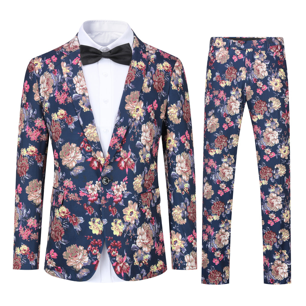 2 Piece Slim Fit Floral Print Suit for Men - Navy Blue Business Formal Wear - Perfect for Office, Wedding & Special Occasions