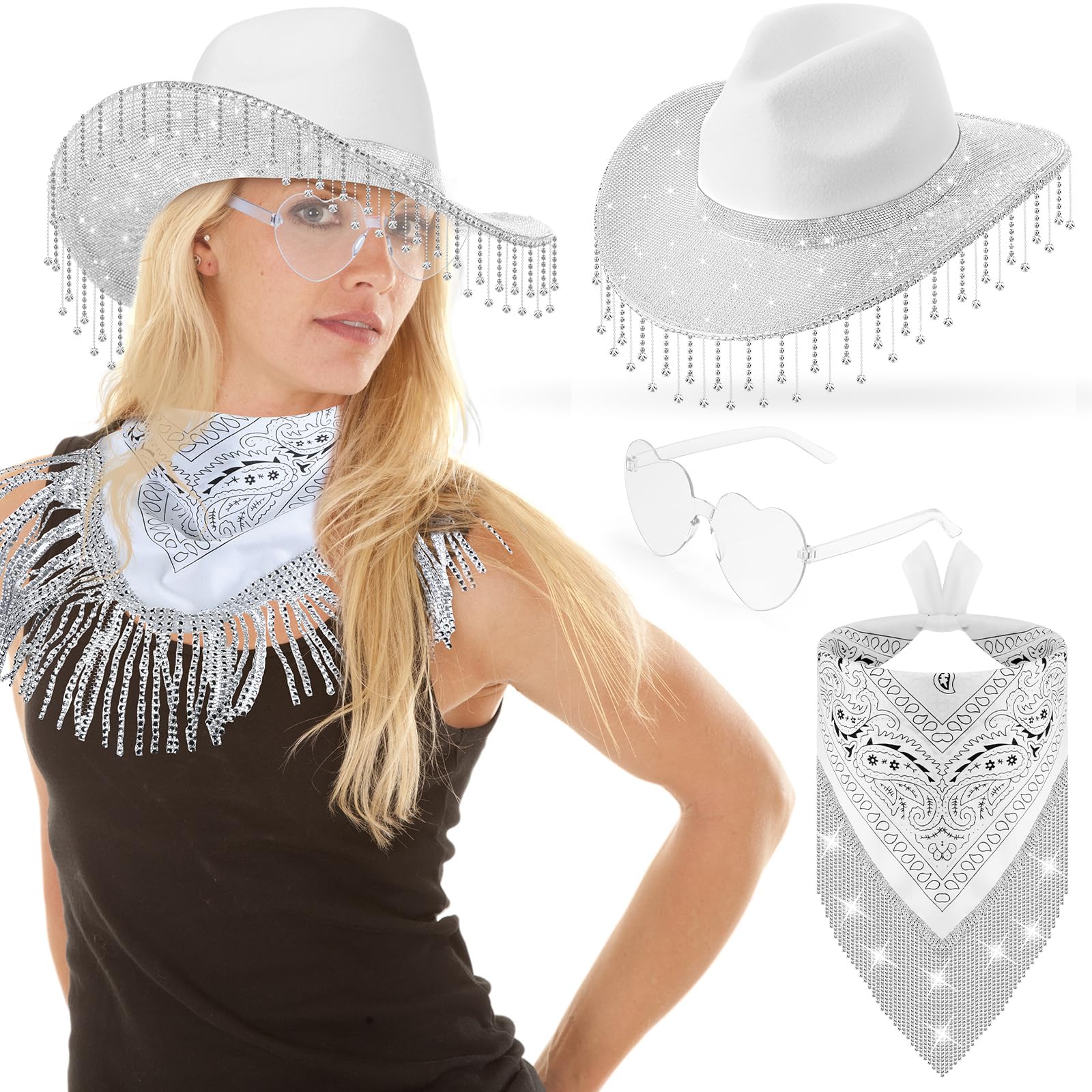 Sparkling Rhinestone Cowboy Hat with Glitter & Headscarf - Western Cowgirl Hat for Men & Women - Bling Cowboy Costume for Cosplay, Parties & Country Music Festivals