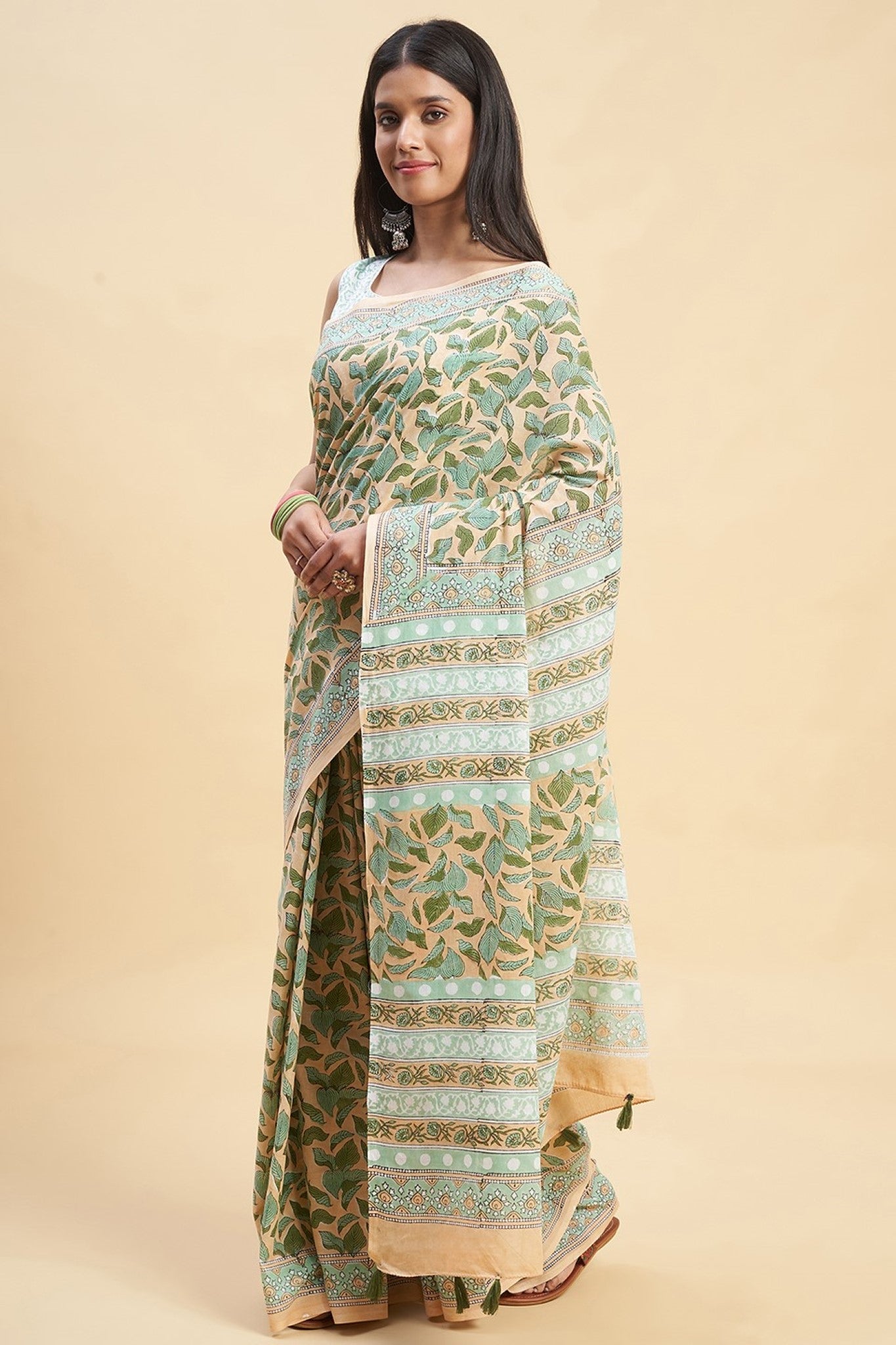 Autumn Peach Block Printed Cotton Saree - Handmade Indian Traditional Dress for Women, Perfect for Festivals, Weddings & Cultural Events