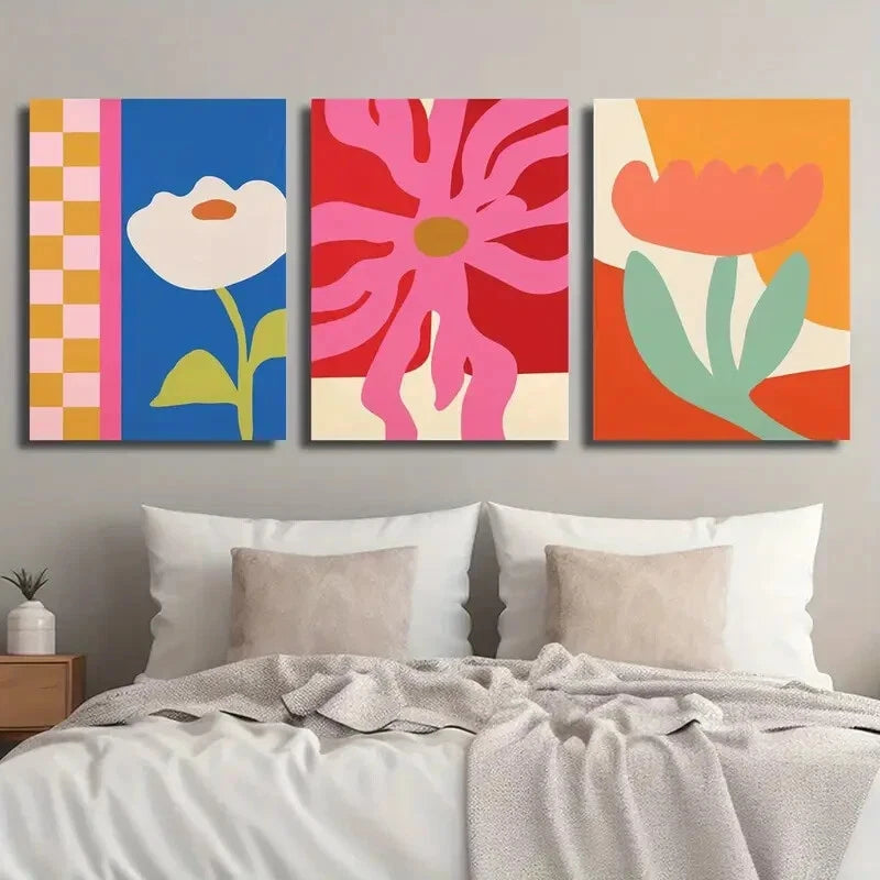 3-Piece Abstract Colorful Vibrant Floral Metal Wall Art - Ready to Hang Canvas Prints for Living Room, Bedroom & Office Decor