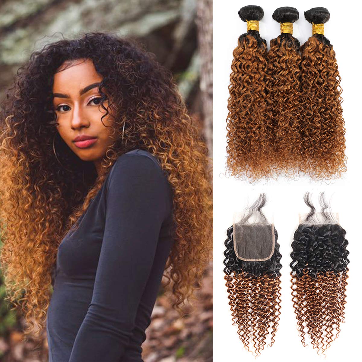 Kinky Curly Human Hair Bundles with Closure 16-20 Inch | Ombre 1B30 Brazilian Virgin Hair | 4x4 Swiss Lace Closure | Perfect for Protective Styles & Natural Hair Extensions | Great for Weddings, Parties & Daily Wear