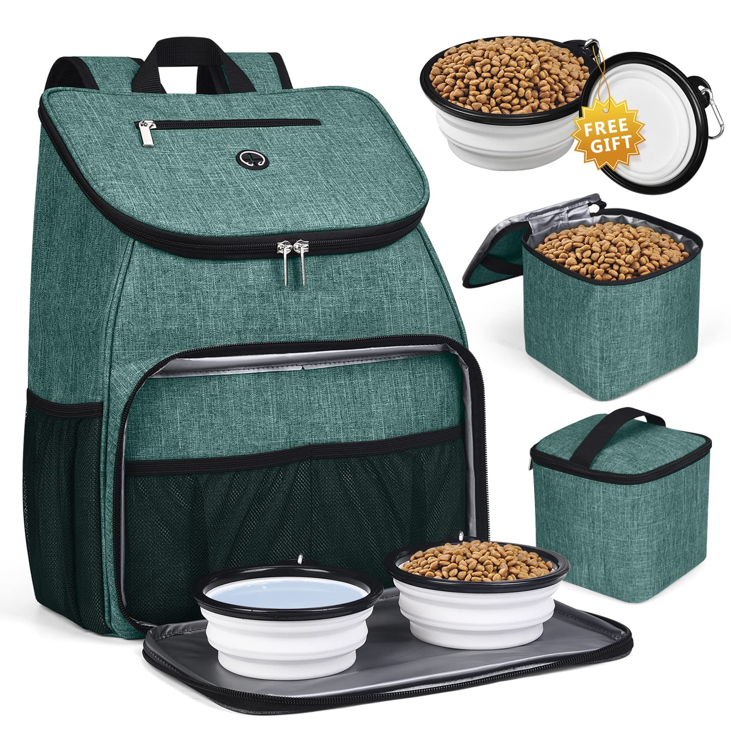 BAGLHER Airline Approved Pet Travel Backpack for Dogs - Includes 2 Collapsible Silicone Bowls & 2 Food Containers - Perfect for Air Travel, Hiking, and Outdoor Adventures (Green)