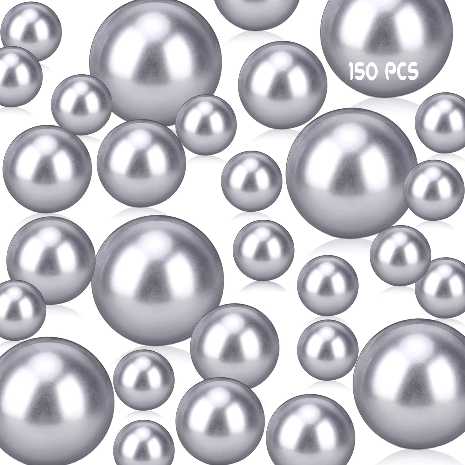 150-Piece Silver Faux Pearl Beads for Vase Filler, Wedding Decor, Home Table Centerpiece & Brush Holder - 8/14/20mm Assorted Sizes - Perfect for DIY Crafts, Mothers Day Gifts & Floral Arrangements