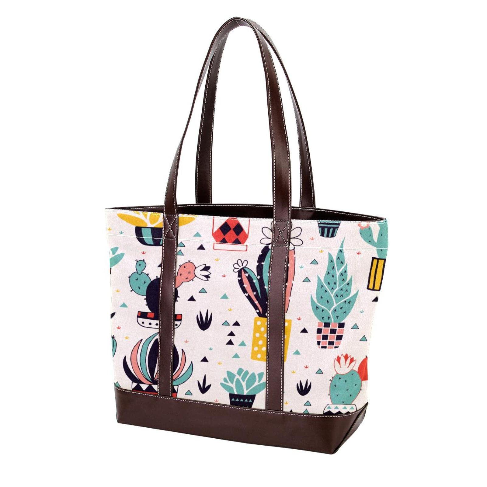Stylish Large Leather Canvas Tote Bags for Women - Top Handle Shoulder Satchel Hobo Purse with Cactus Design | Perfect for Work, Travel, and Everyday Use