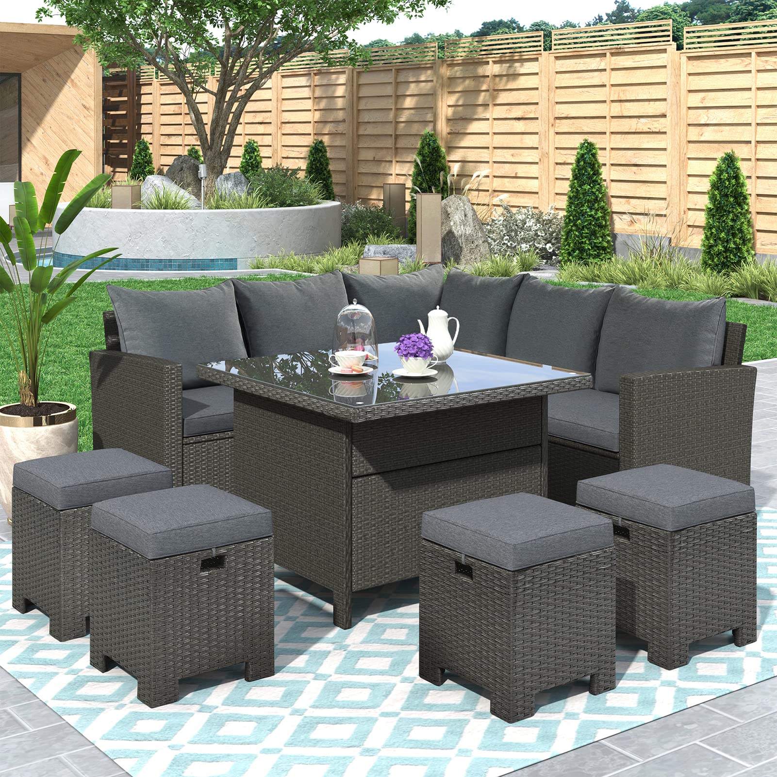 8-Piece All-Weather PE Wicker Patio Furniture Set - Outdoor Sectional Sofa with Corner Chair, Tempered Glass Coffee Table & 4 Ottomans in Gray Rattan - Perfect for Backyard, Garden, Poolside & Outdoor Entertaining
