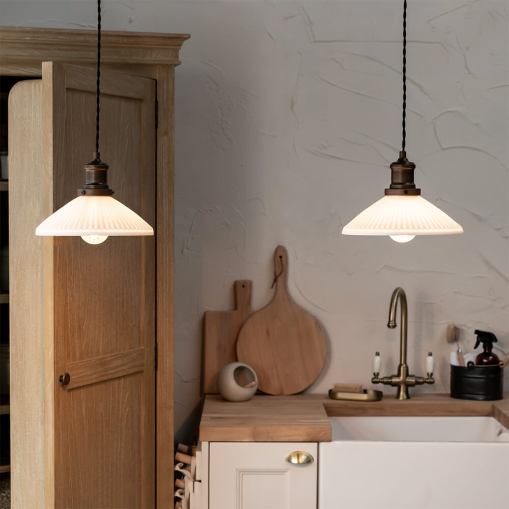 Antique Bronze & Ceramic Beaulieu Double Fluted Cone Pendant Light - Vintage Industrial Ceiling Fixture for Dining Room, Kitchen Island & Foyer Lighting