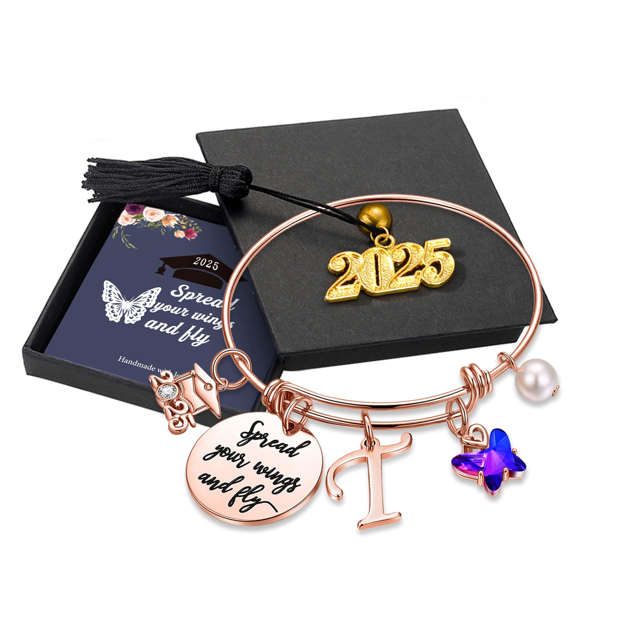 2025 Graduation Gifts for Women - Personalized Butterfly Initial Bracelet with Inspirational Quote 'Spread Your Wings & Fly' - Elegant Bangle Jewelry Gift for Graduates, Daughters, Sisters | Perfect for Graduation Ceremonies, Birthday Presents & Special Occasions