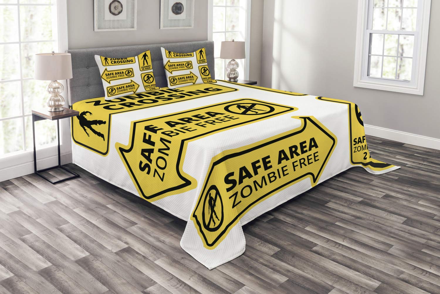 Ambesonne Zombie Bedspread Set - Horror Movie Inspired 3-Piece King Size Bedding with 2 Pillow Shams (Yellow & Black) | Zombie-Free Safe Zone Design for Halloween Decor, Themed Bedrooms & Horror Fan Gifts