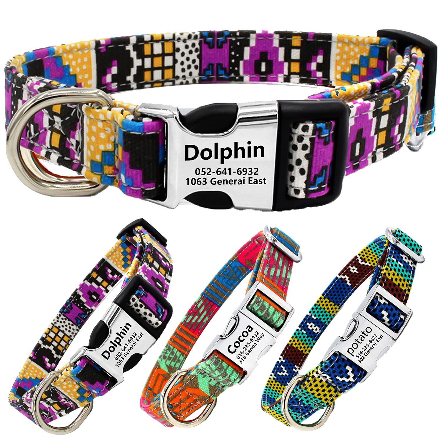 BMusdog Personalized Engraved Dog Collar with Phone Number - Soft Flower Print Padded Pet Collar for Small Medium Large Dogs - Adjustable Metal Buckle for Comfort & Safety (Mosaic Pattern) - Perfect for Daily Walks, Training & Gifts