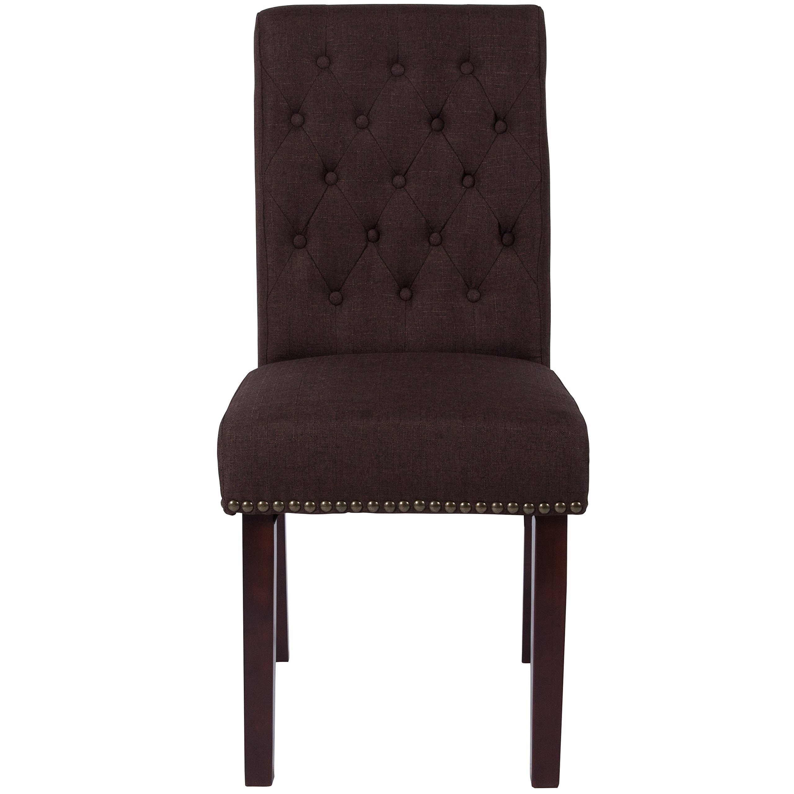 EMMA + OLIVER Brown Fabric Parsons Chair with Rolled Back & Nail Trim - Modern Dining Room Accent Chair for Kitchen, Office, and Living Room Decor