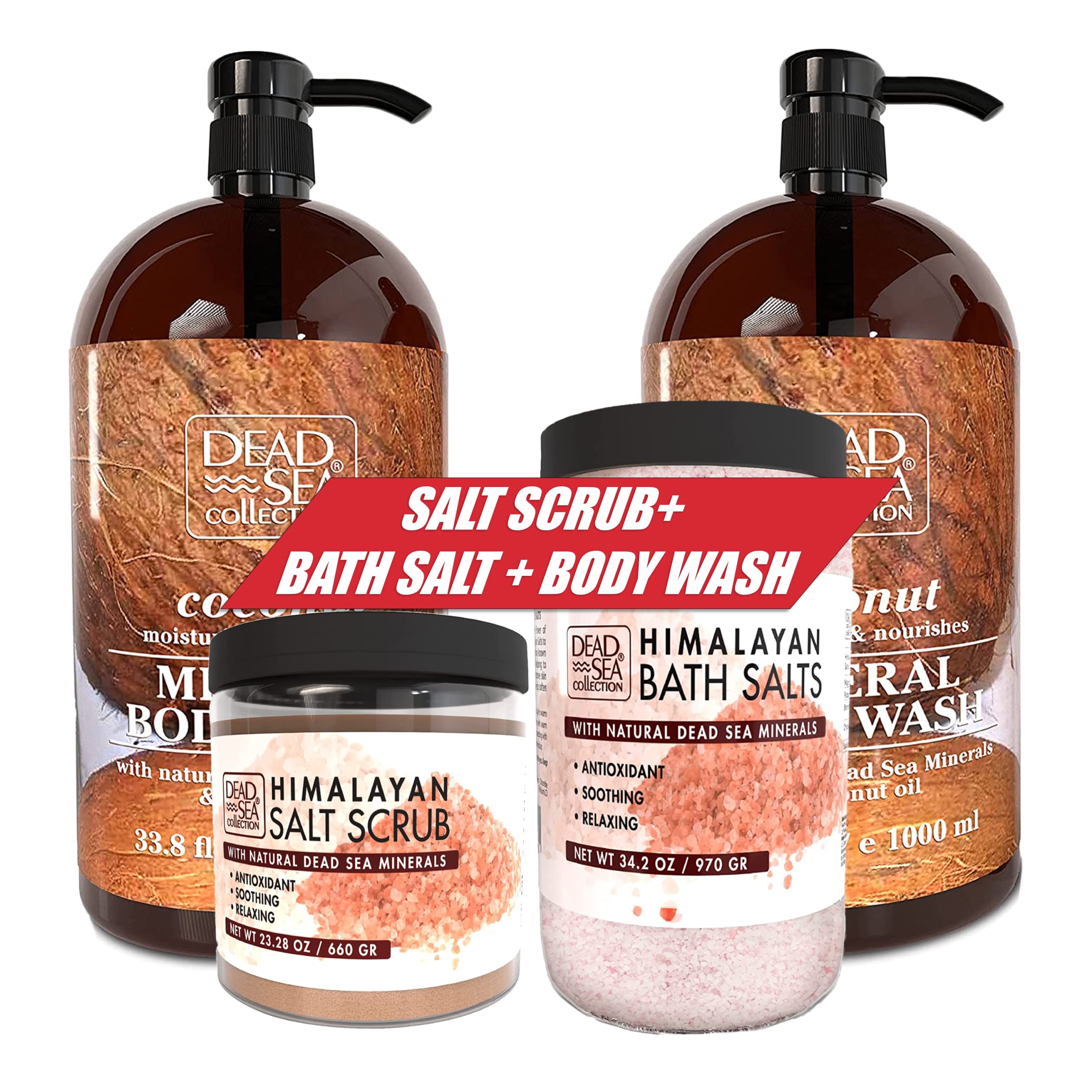 Dead Sea Collection Coconut Body Wash, Himalayan Salt Body Scrub & Bath Salts Bundle - Spa Quality Skincare Set for Dry Skin, Exfoliation & Relaxation - Perfect for Home Spa Day & Self-Care Routine
