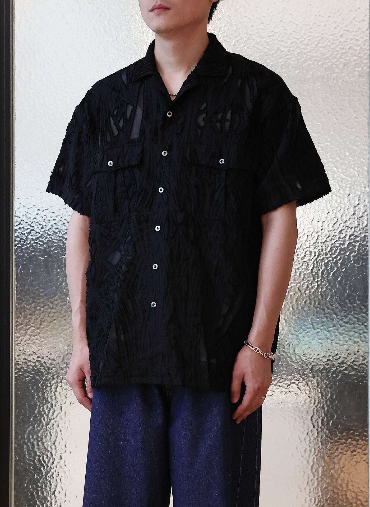 Stylish Jacquard Open Collar Short Sleeve Shirt for Men - Breathable Summer Casual Wear - Perfect for Office, Outings & Date Nights