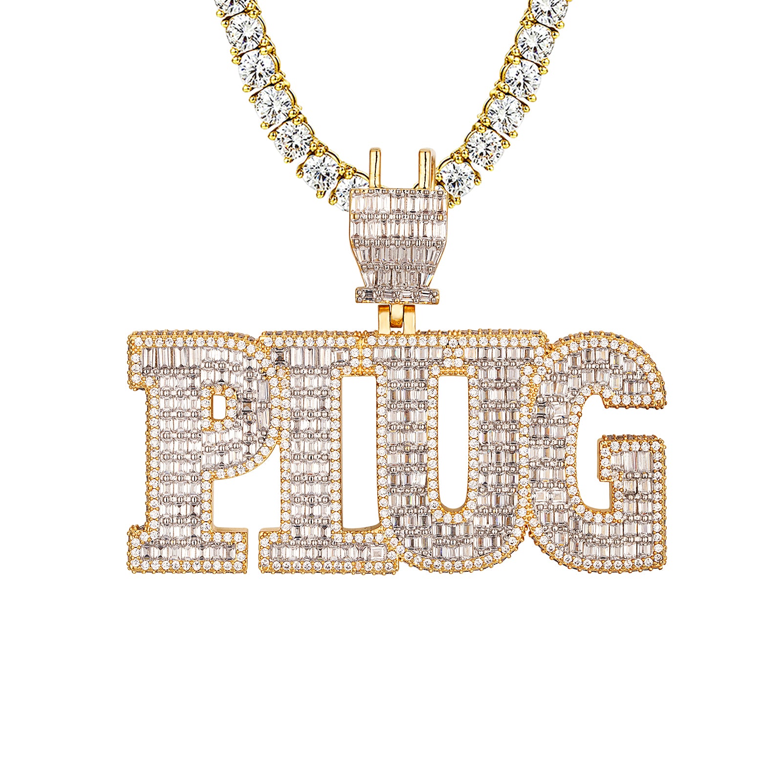 3D Yellow Tone Baguette Plug Custom Sterling Silver Pendant Necklace - Perfect for Everyday Wear, Gifts & Special Occasions