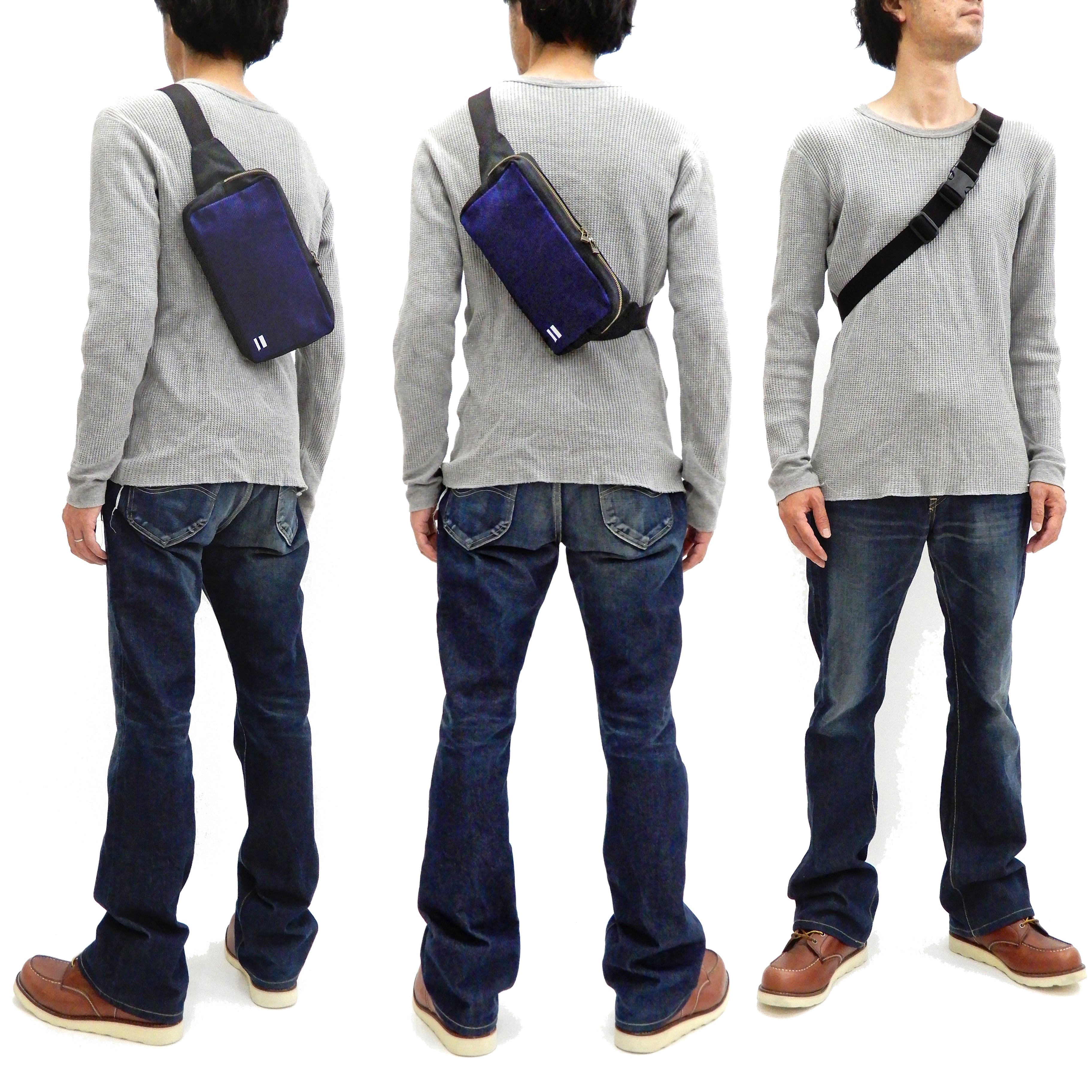 Premium Momotaro Jeans Indigo Sashiko Sling Bag for Men - Japanese Style Small Crossbody Bag MZBG0016 - Perfect for Travel, Work & Everyday Use