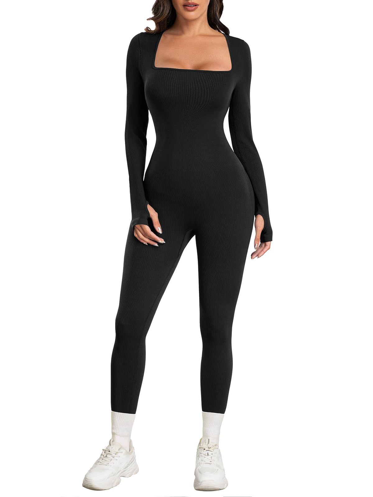 SeSe Code Women's Yoga Jumpsuit - Ribbed Workout Bodysuit with Square Neck & Long Sleeves for Pilates, Gym & Lounge Wear - Stretchy Bodycon Sport Jumpsuit for Women