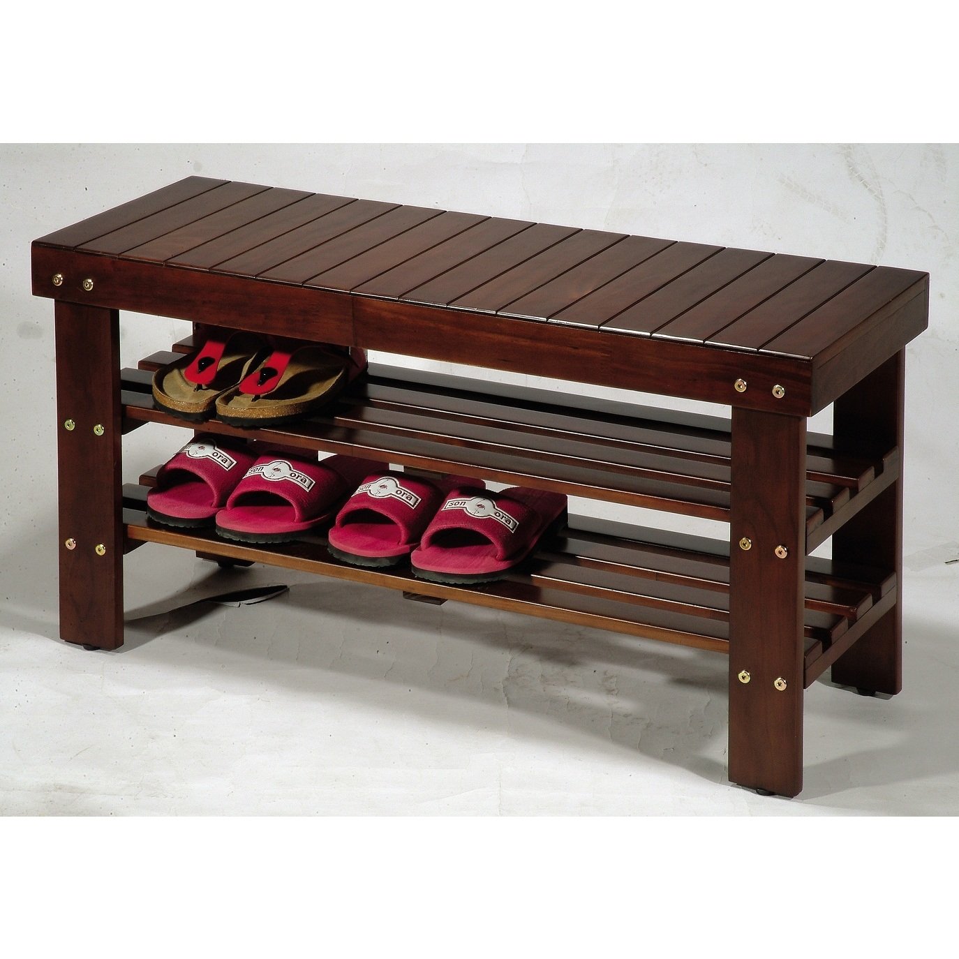 Farmhouse Style Waggoner Solid Wood Shoe Bench with Storage - Cherry Finish Entryway Organizer for Hallway, Mudroom & Home Decor