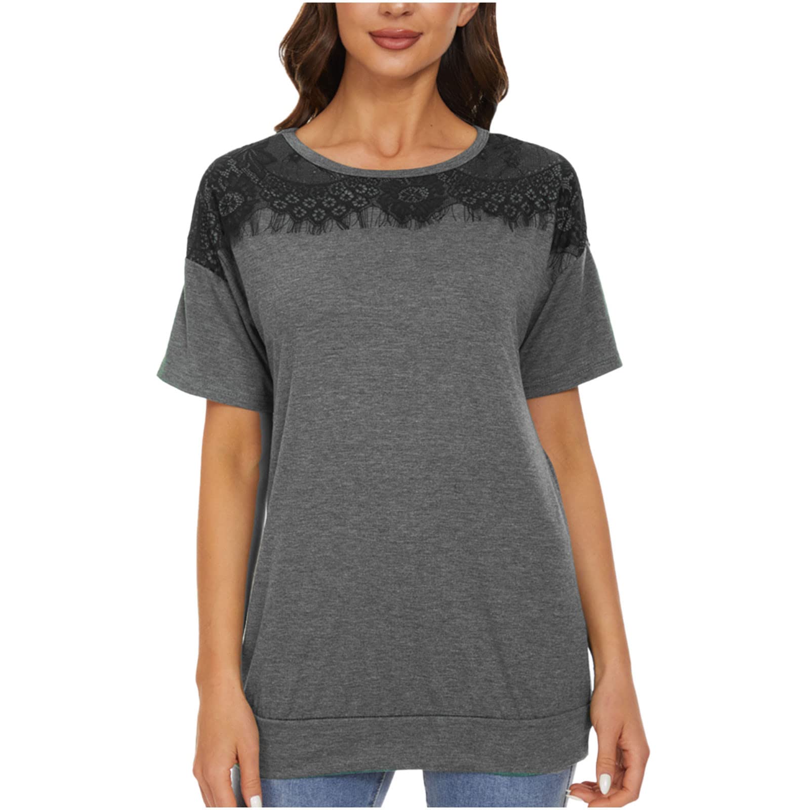 Women's Lace Crochet Floral Patchwork T-Shirt - Summer Short Sleeve Crewneck Blouse - Elegant Basic Cotton Tee for Casual Wear, Beach Outfits & Boho Style