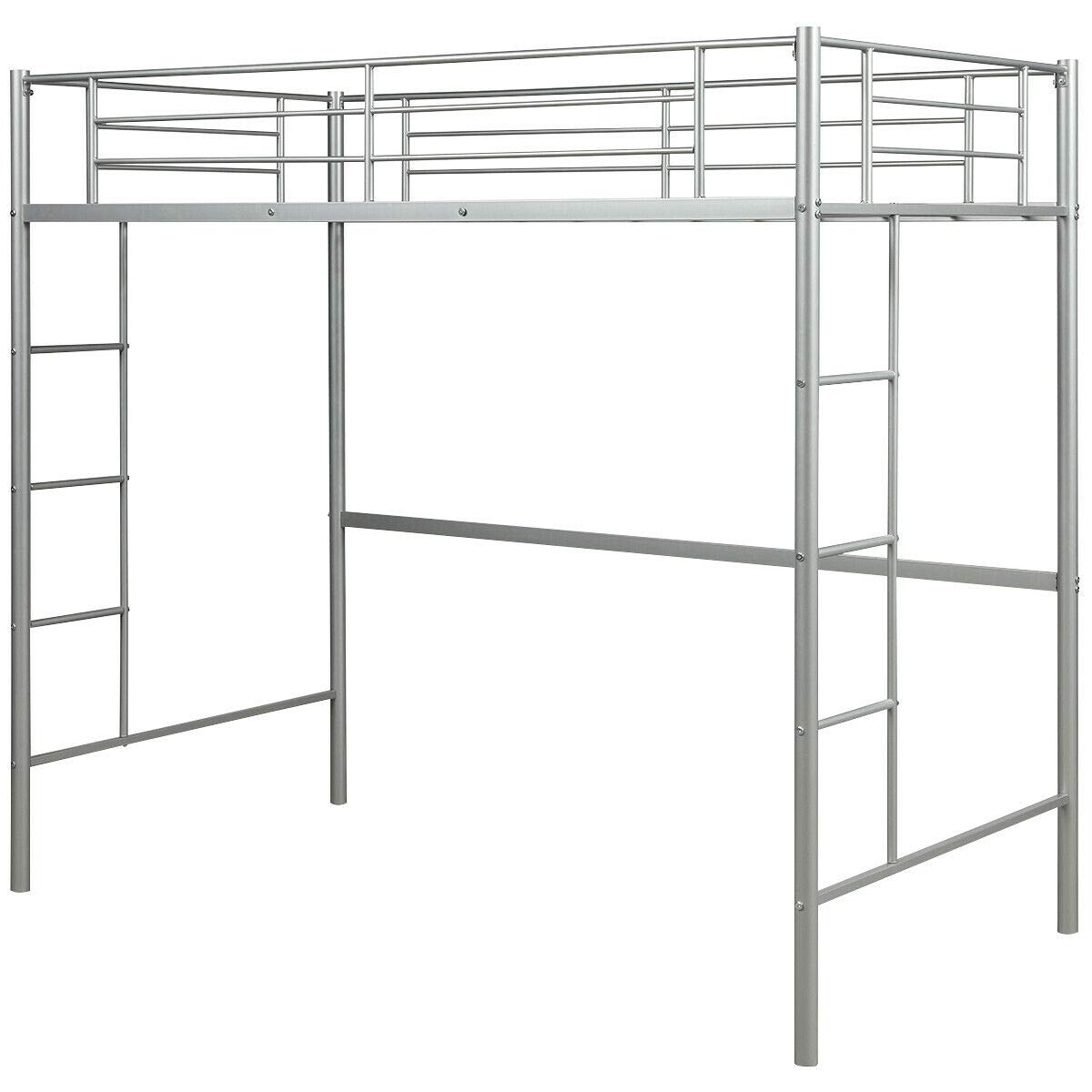 Modern Twin Loft Bed with Ladder - Sturdy Metal Frame in Silver Finish for Kids & Teens | Space-Saving Bunk Bed for Bedroom, Dorm, Studio Apartment | Perfect with Study Desk, Play Area or Storage Underneath