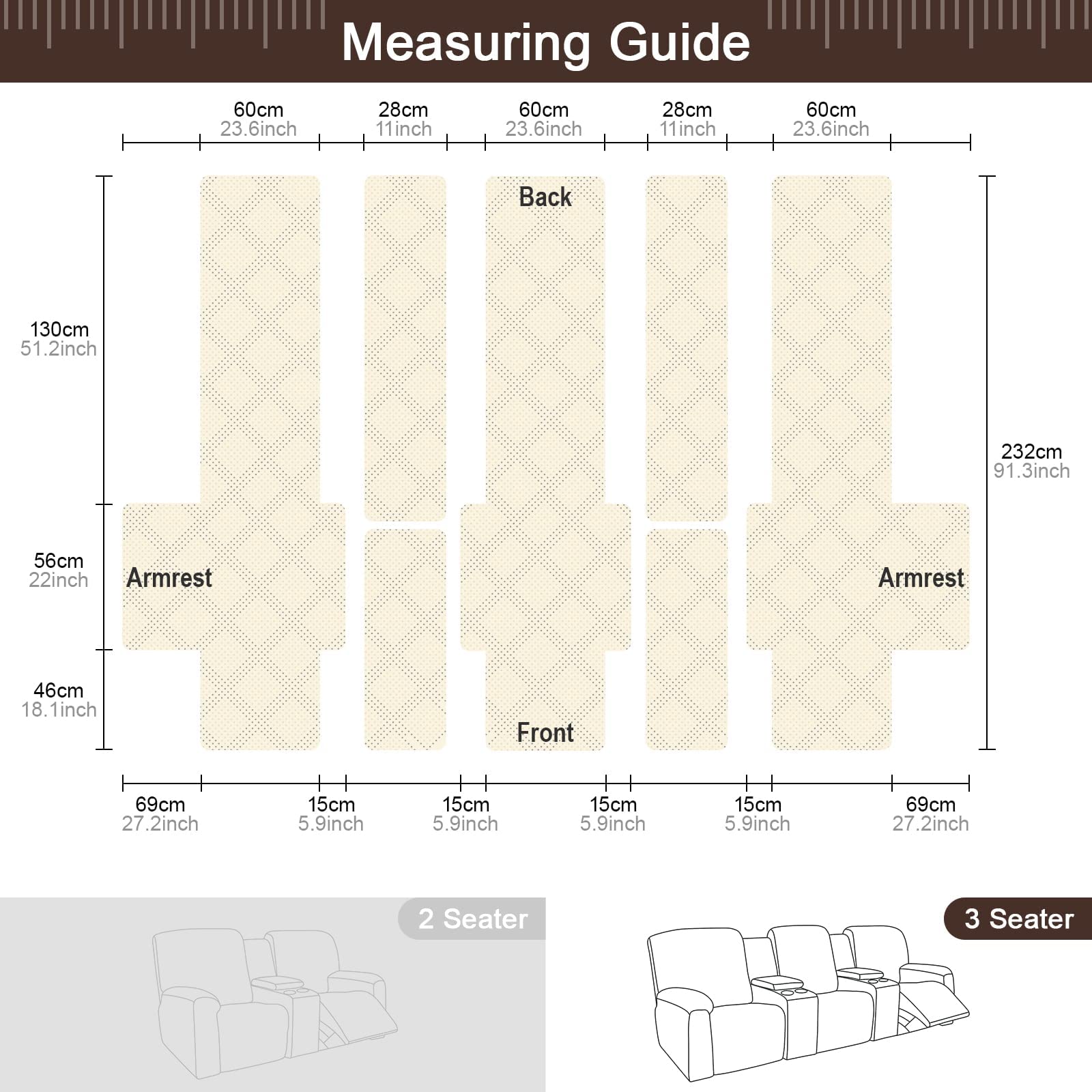 TAOCOCO 100% Waterproof Recliner Sofa Cover with Console - 3 Seat Stretchable Furniture Protector for Pets & Kids | Split Design with Secure Straps | Chocolate Brown | Perfect for Living Room, Family Room & Home Theater Use