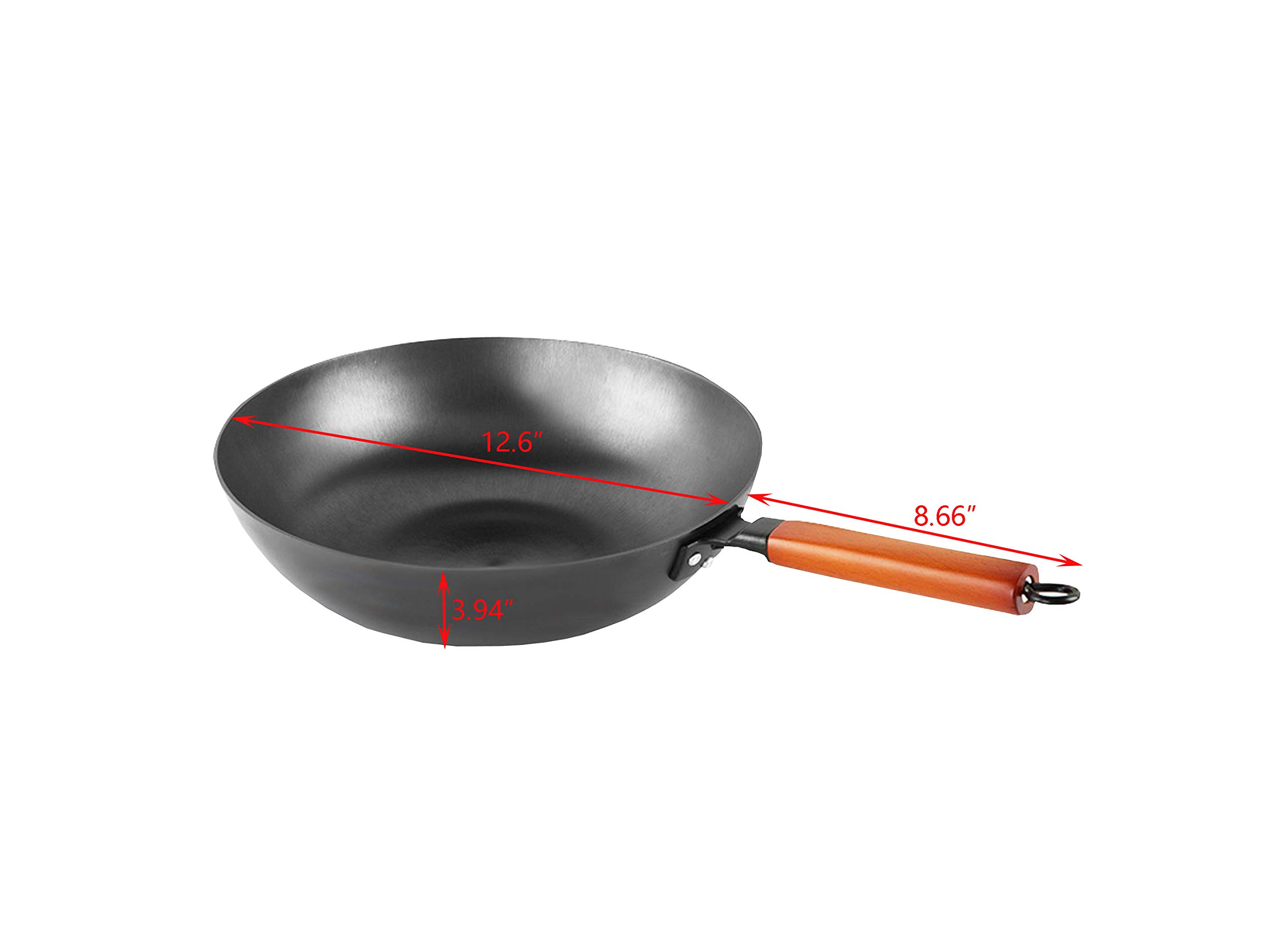 FixtureDisplays 12.6 Inch Lightweight Cast Iron Wok Pan with Wooden Handle - 3.5 lbs Flat Bottom Stir Fry Pan for High Heat Cooking, Searing, Sauteing - Perfect for Home Kitchen, Outdoor Camping & Asian Cuisine
