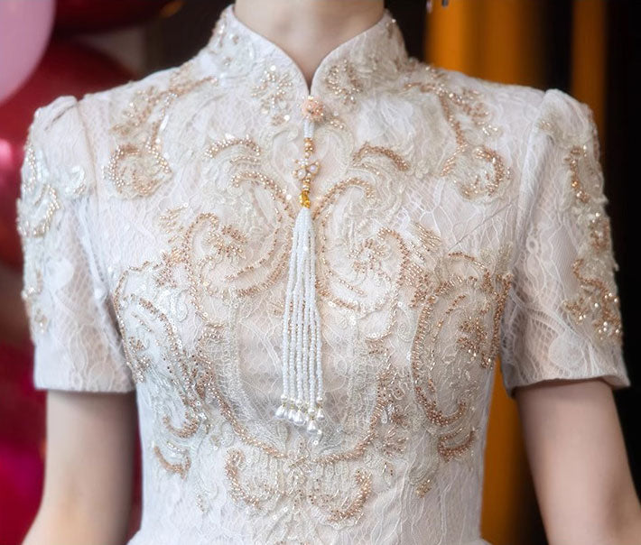 Floral Lace Midi A-Line Cheongsam Qipao Dress for Engagement Party, Wedding Guest, Chinese New Year Celebration - Elegant Vintage Style Formal Gown