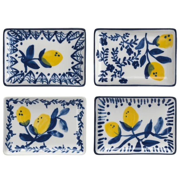 Hand Painted Lemons Stoneware Dish Set - 4-Piece Ceramic Serving Plates for Kitchen, Dining & Entertaining | Durable & Stylish Lemon-Themed Tableware for Parties, Picnics & Home Decor