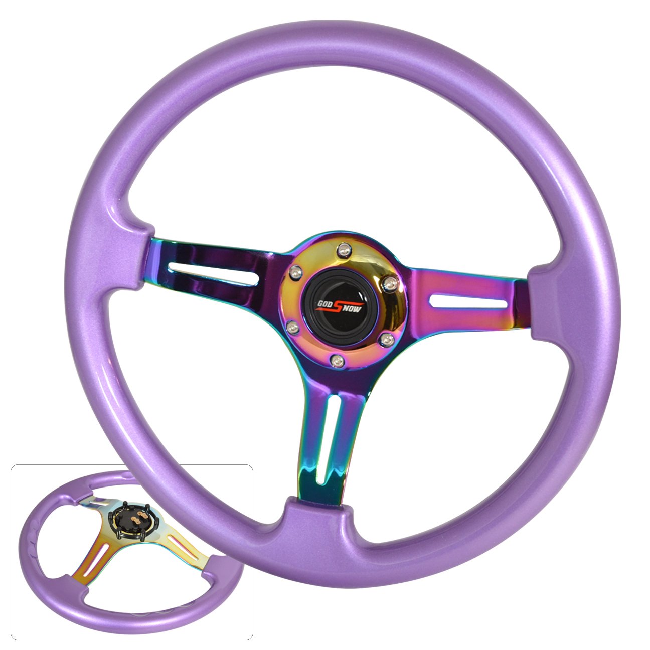 Heavy Duty 6 Bolt 350mm Metal Steering Wheel with Neo Chrome Center & Purple Trim - 3 Spoke Design with Streak Holes - Compatible with Godsnow Horn Button - Perfect for Racing, Off-Road & Custom Car Builds