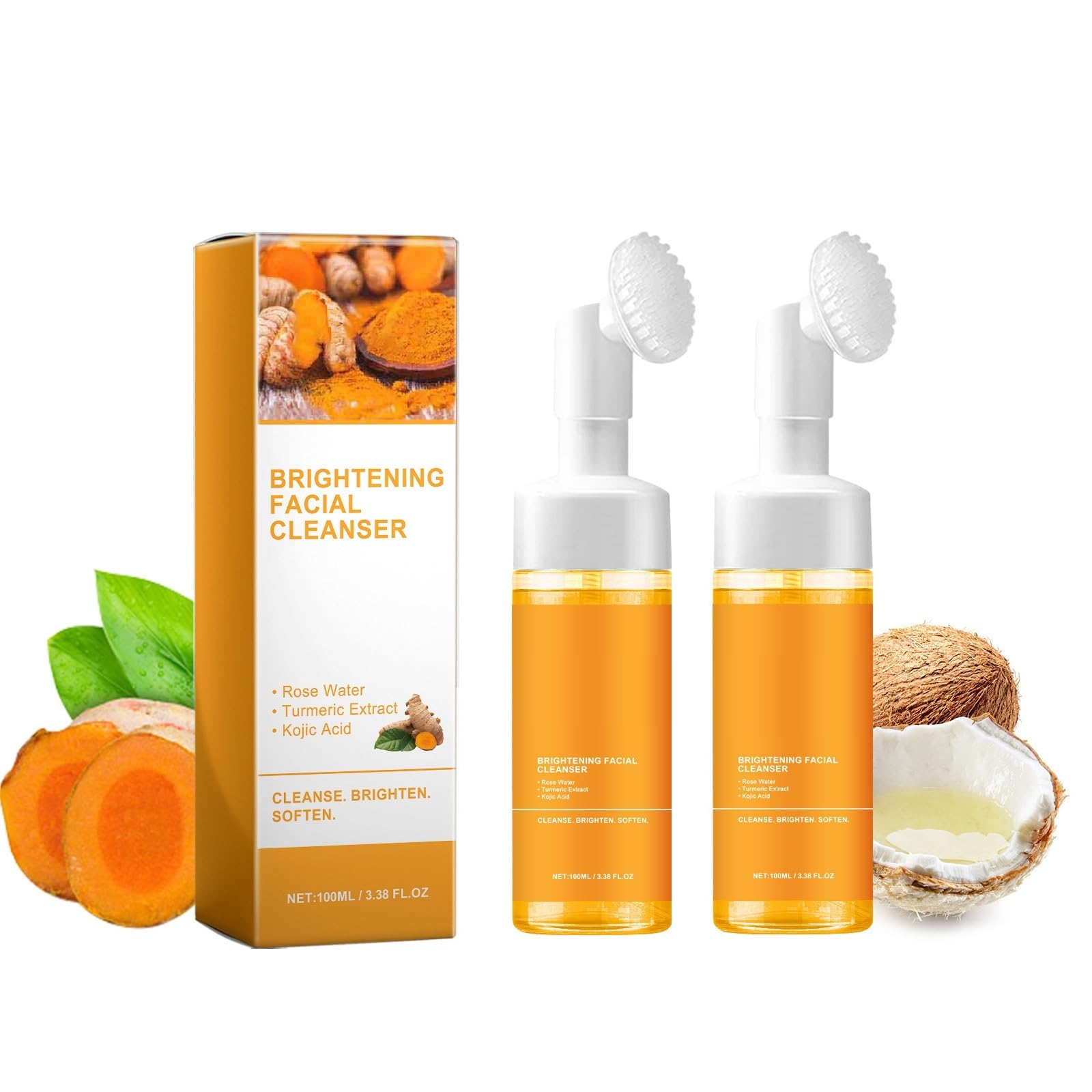 2 Pcs Turmeric Foaming Face Wash with Brush - Deep Cleansing Glow Facial Cleanser for Acne & Brightening | Perfect for Daily Skincare & Travel Use