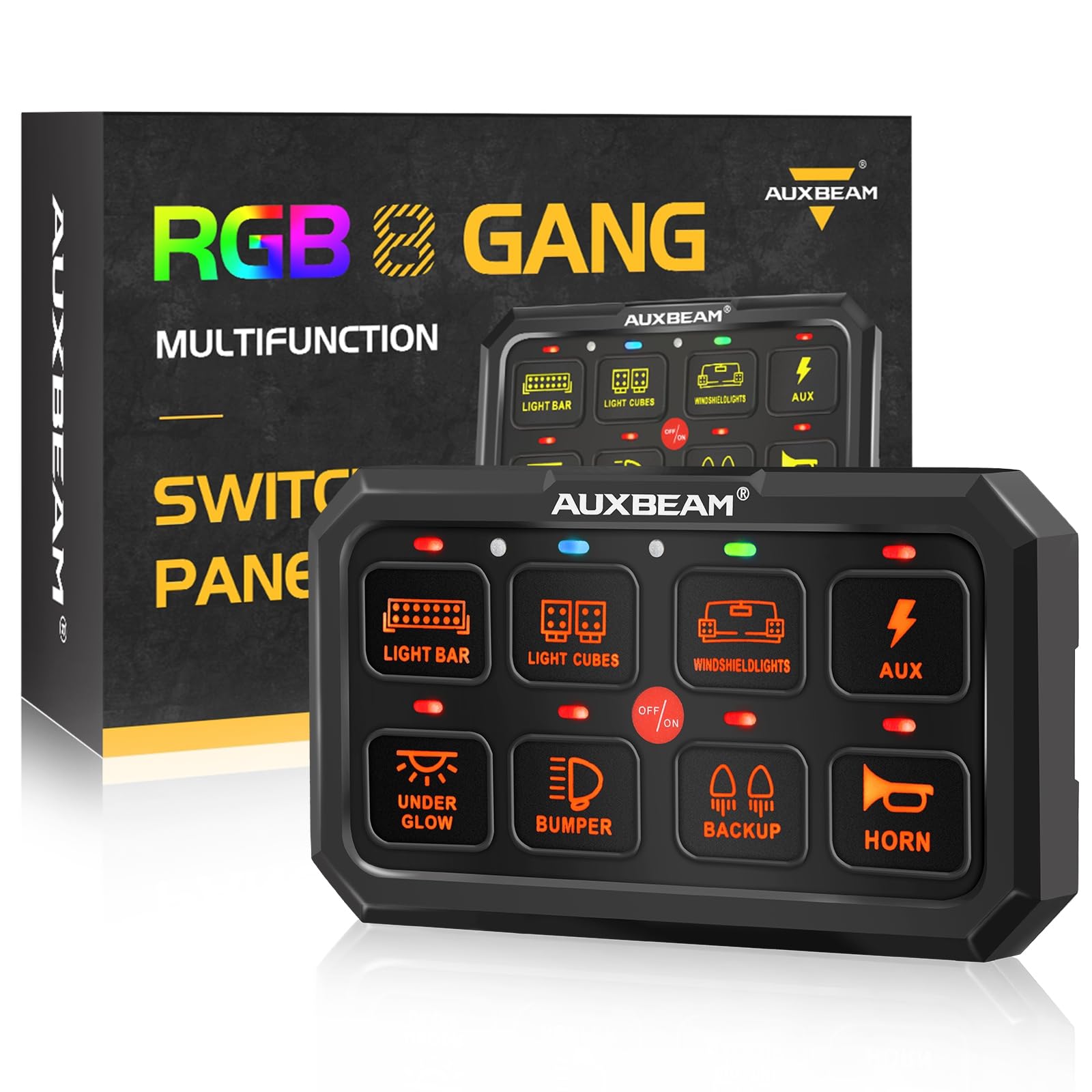 Auxbeam 8 Gang RGB Switch Panel 5 Inch Large - 12V Toggle Momentary Pulsed Control Panel for Car, Truck, SUV, RV, Camper Van | Offroad Accessories with 2 Year Warranty | Perfect for Interior Lighting, Audio Systems & Offroad Vehicle Customization