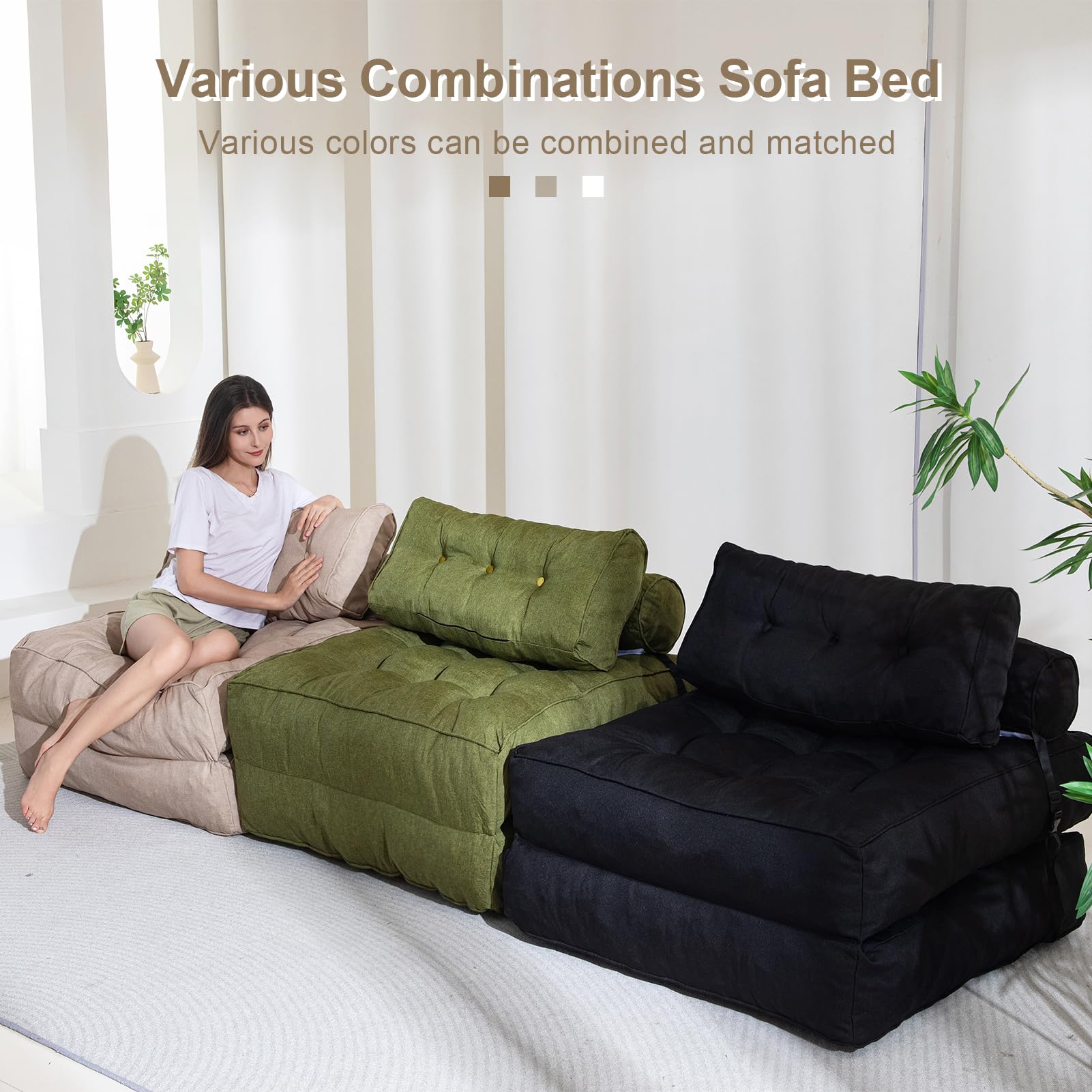 MAXYOYO Folding Couch Sofa Bed - Convertible Sleeper Chair with Back Support & Pillow, Black - Perfect for Small Spaces, Guest Rooms & Apartments