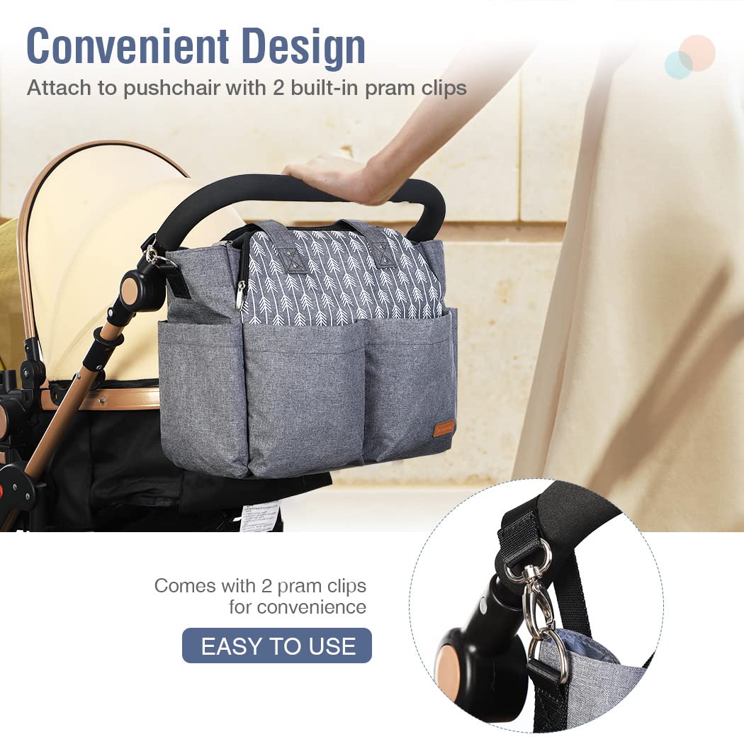 **Lekebaby Large Waterproof Diaper Bag Tote for Moms - Stylish Grey Arrow Print, Hospital & Travel Baby Essentials Organizer - Perfect for Daycare, Outings & Family Trips**