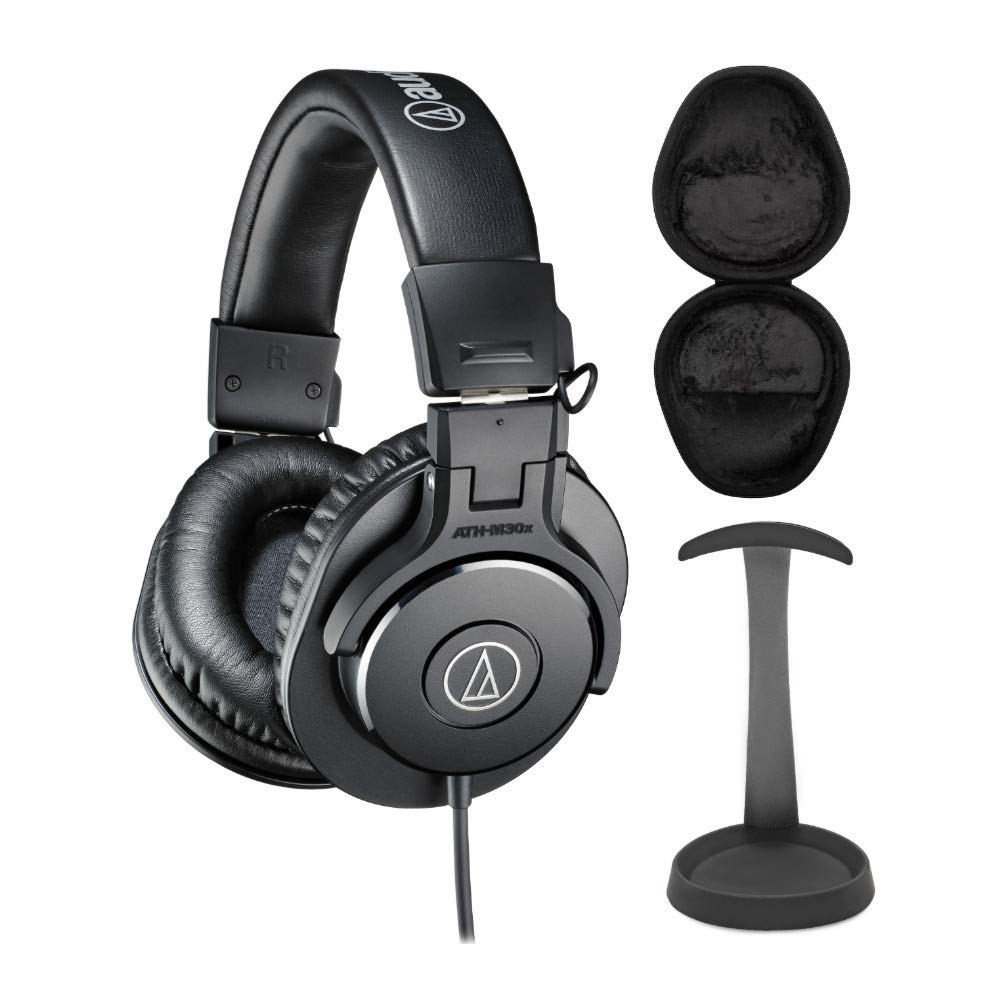 Audio-Technica ATH-M30X Professional Studio Monitor Headphones Bundle with Knox Headphone Stand & Carrying Case (3-Piece Set) - Perfect for Music Production, Podcasting & Home Recording Studios